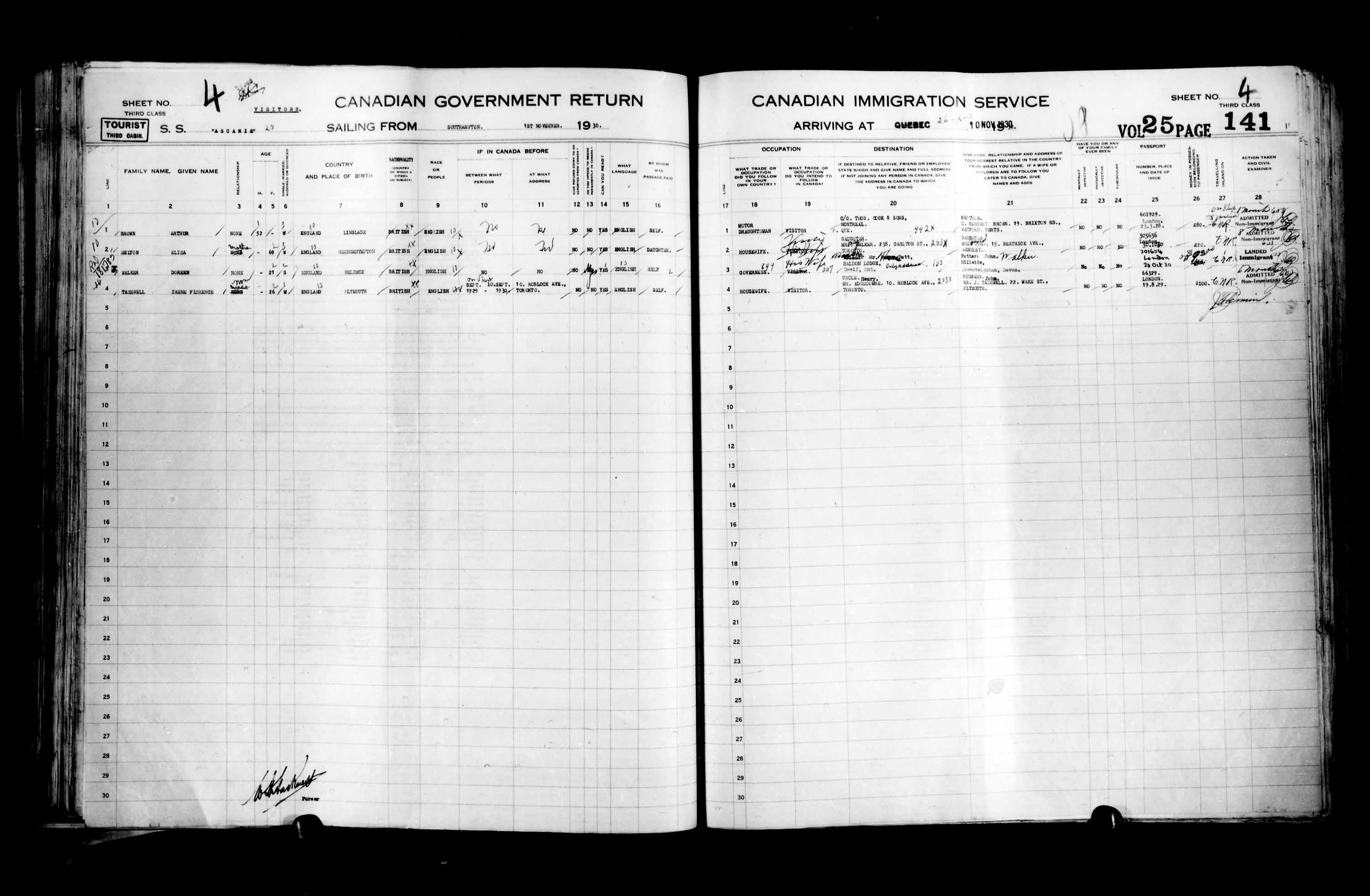 Titre : Listes de passagers : Ville de Qubec (1925-1935) - N d'enregistrement Mikan : 178851 - Microforme : t-14770