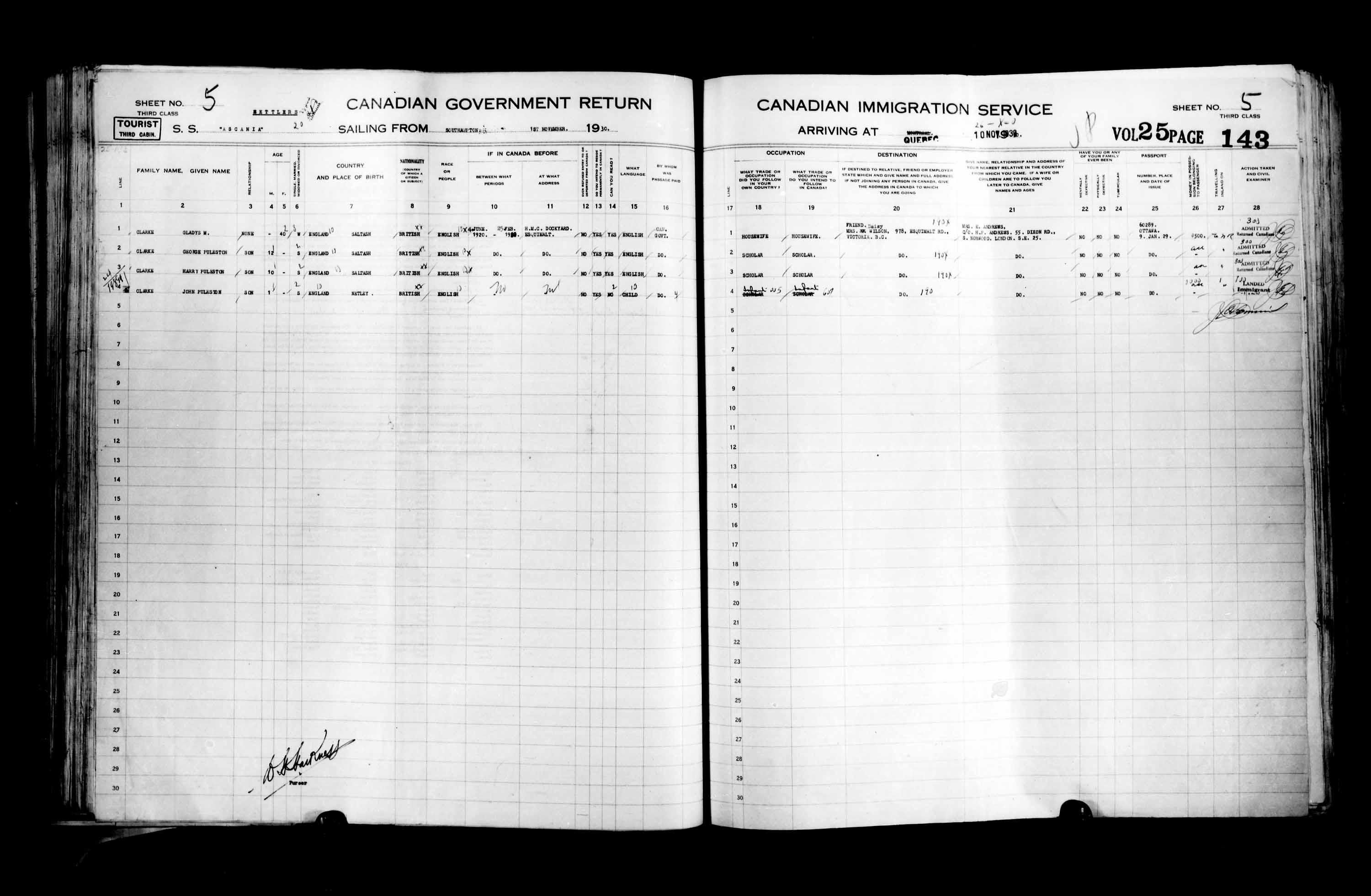 Titre : Listes de passagers : Ville de Qubec (1925-1935) - N d'enregistrement Mikan : 178851 - Microforme : t-14770