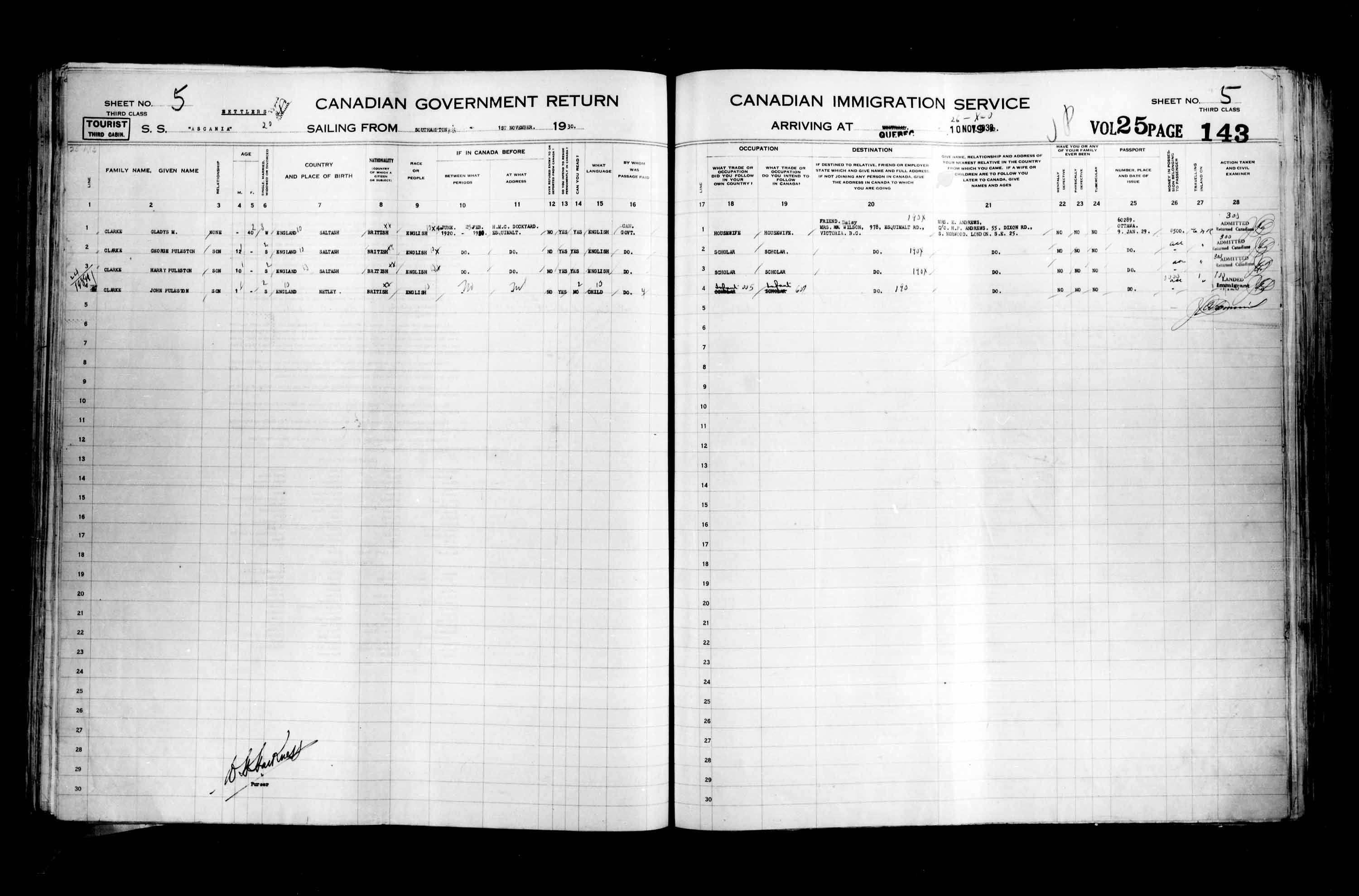 Titre : Listes de passagers : Ville de Québec (1925-1935) - N° d'enregistrement Mikan : 178851 - Microforme : t-14771