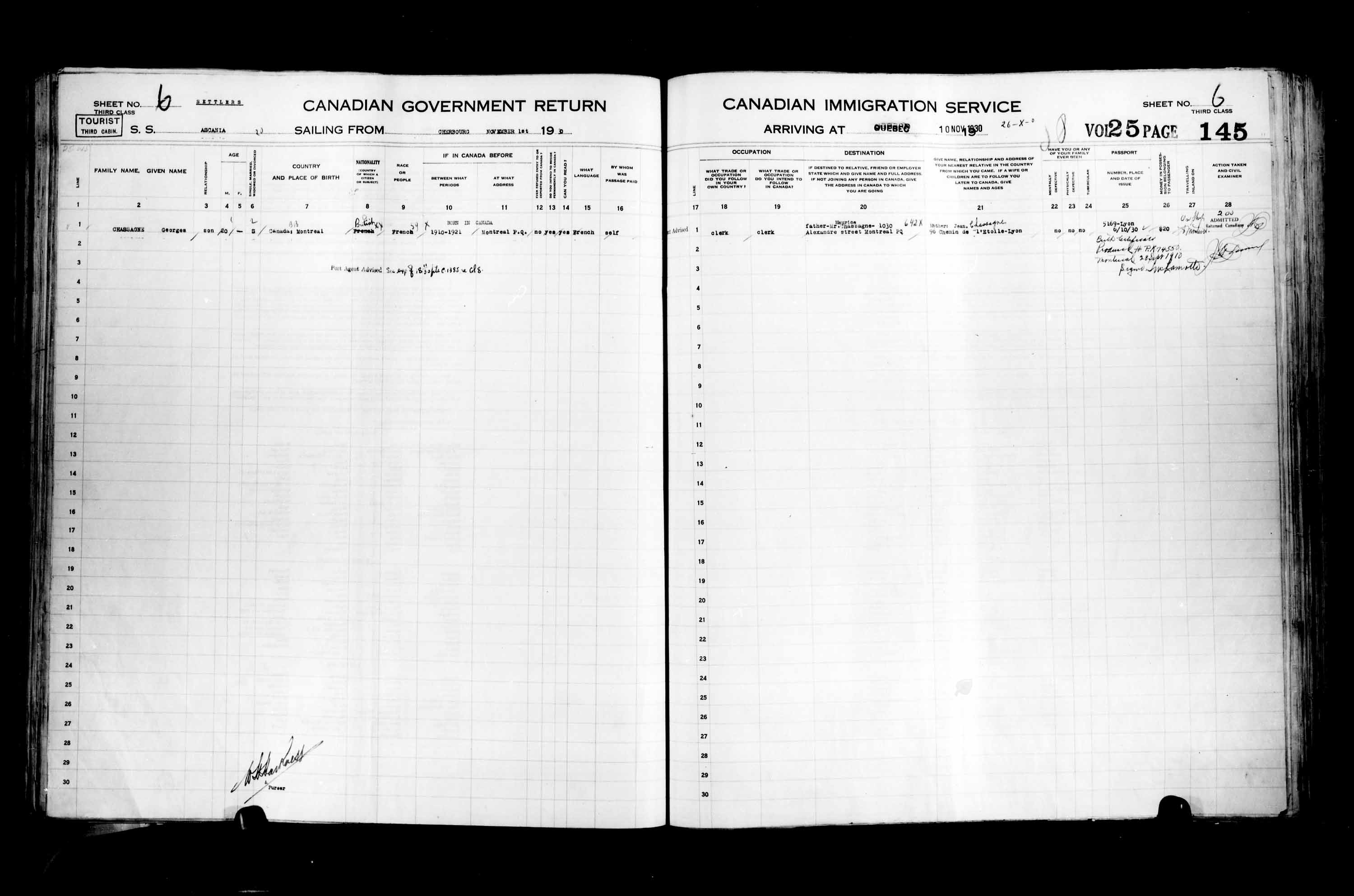 Titre : Listes de passagers : Ville de Qubec (1925-1935) - N d'enregistrement Mikan : 178851 - Microforme : t-14771