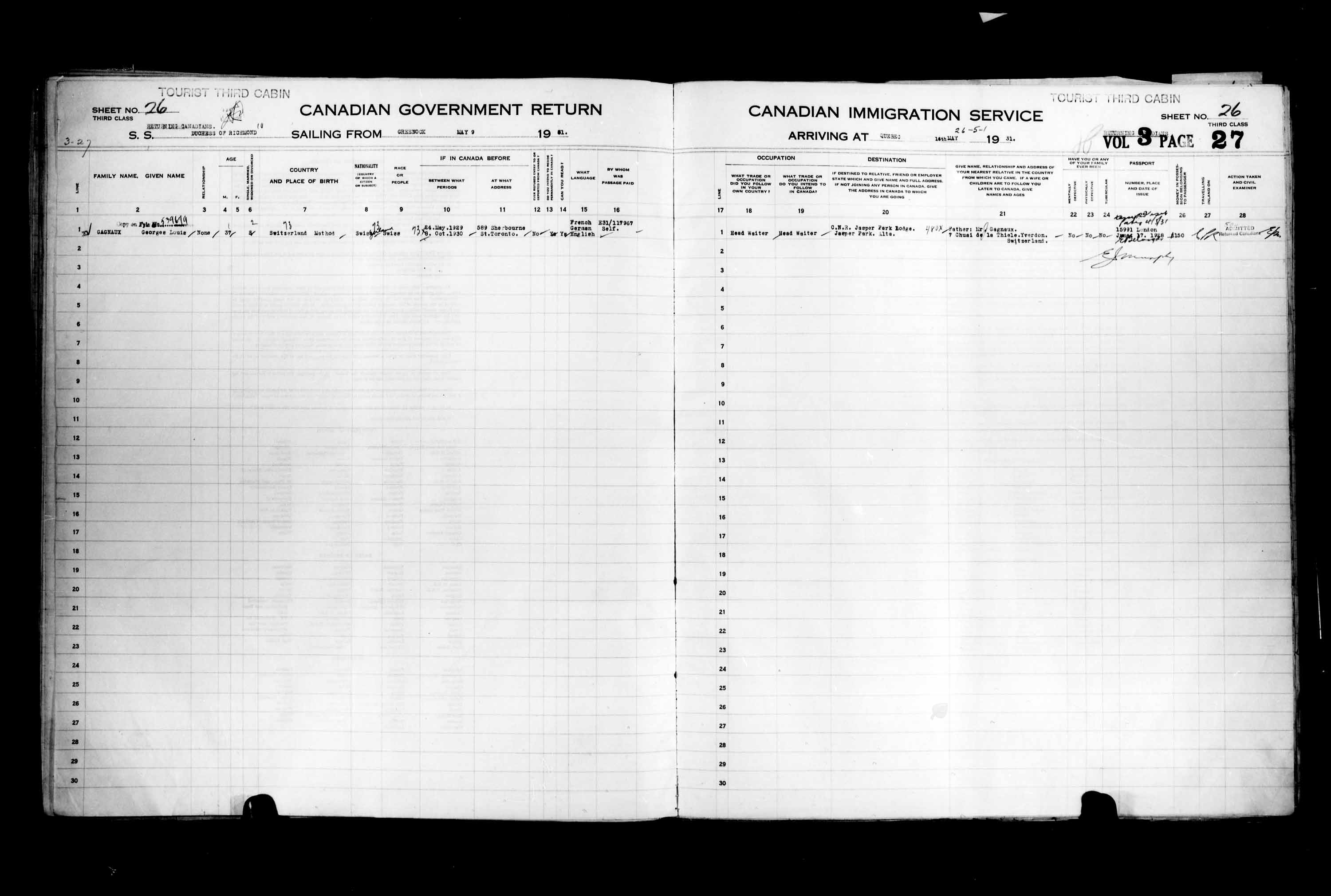 Titre : Listes de passagers : Ville de Qubec (1925-1935) - N d'enregistrement Mikan : 178851 - Microforme : t-14771