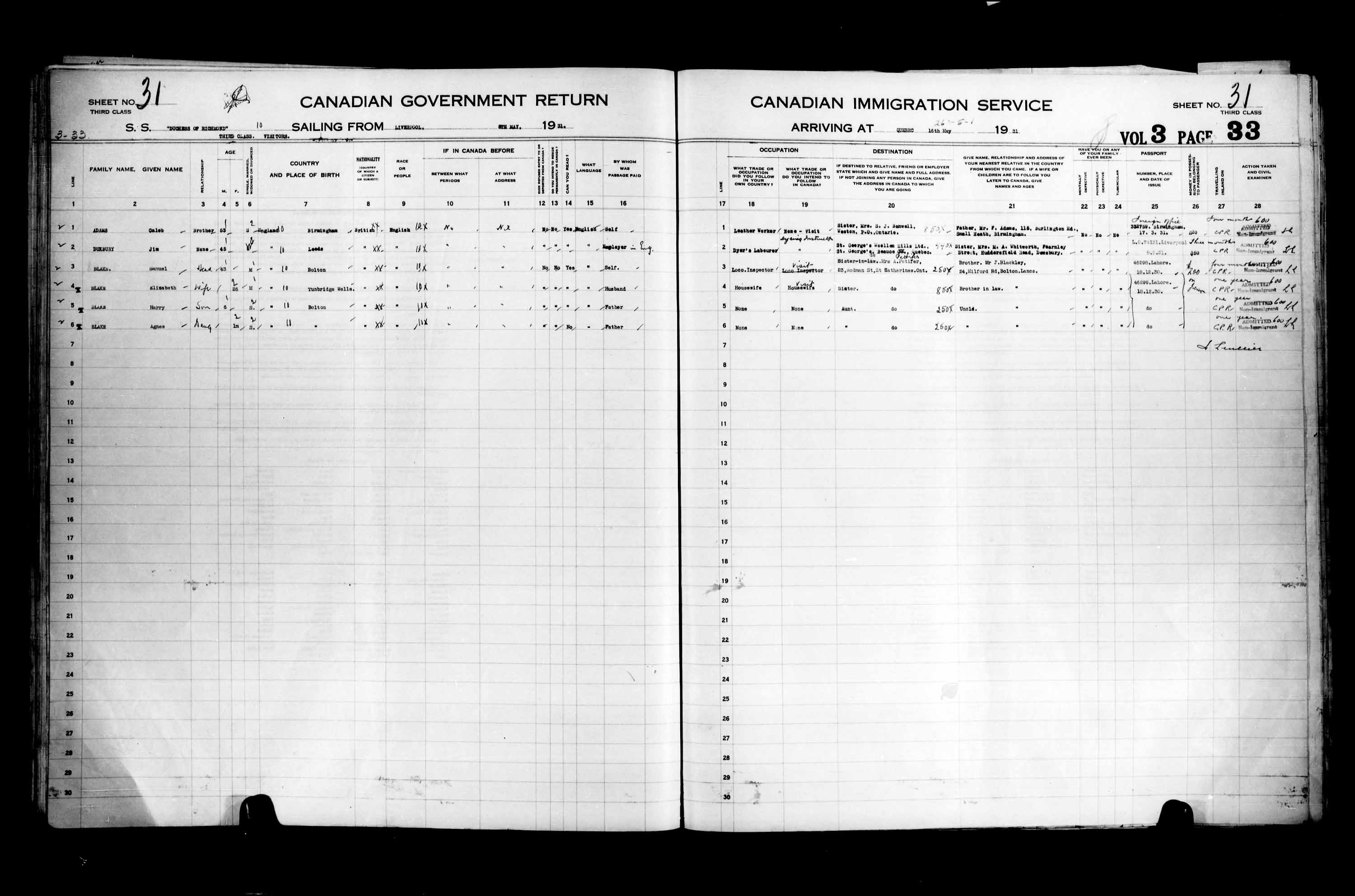 Titre : Listes de passagers : Ville de Qubec (1925-1935) - N d'enregistrement Mikan : 178851 - Microforme : t-14772