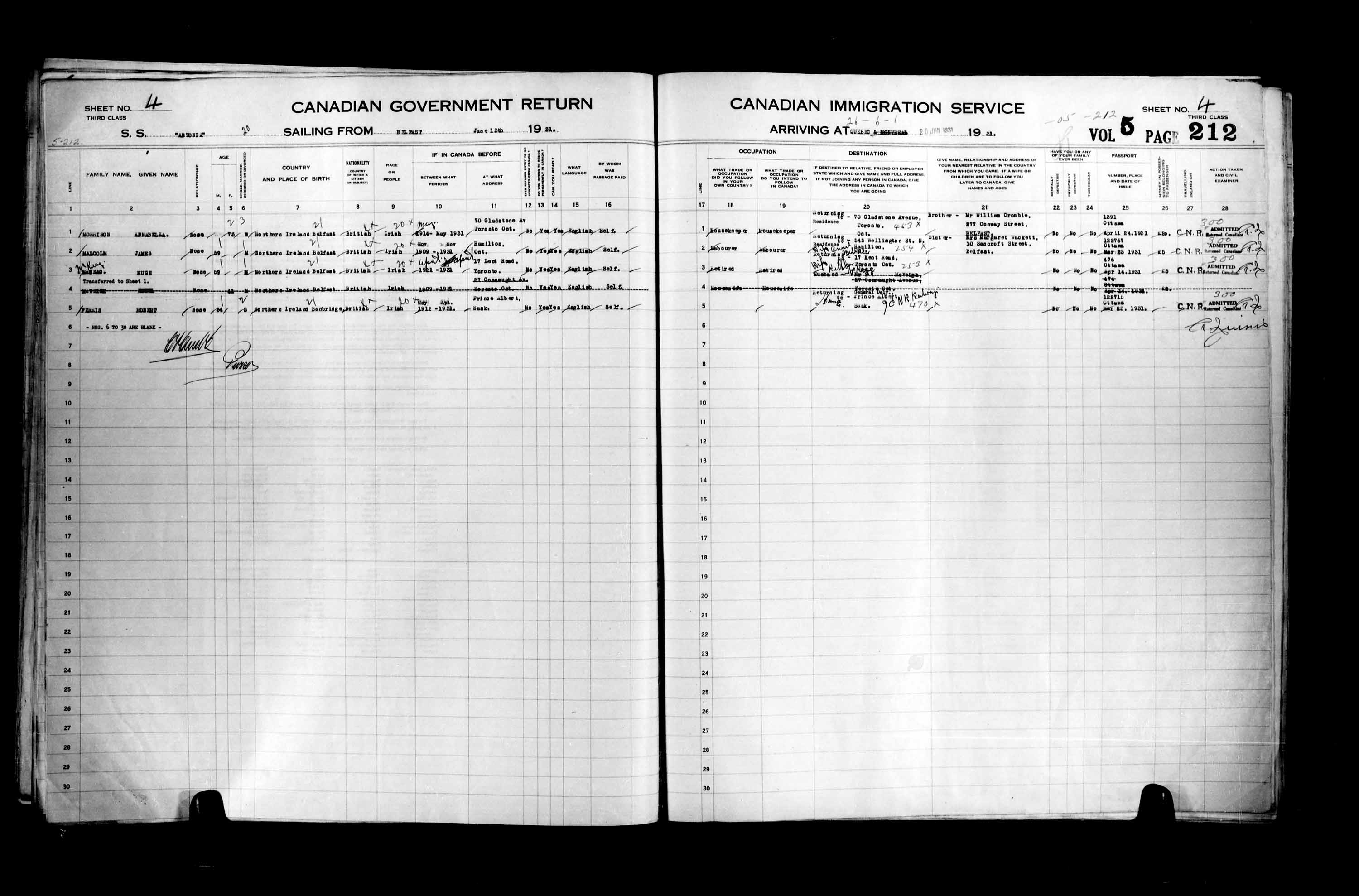 Titre : Listes de passagers : Ville de Qubec (1925-1935) - N d'enregistrement Mikan : 178851 - Microforme : t-14773
