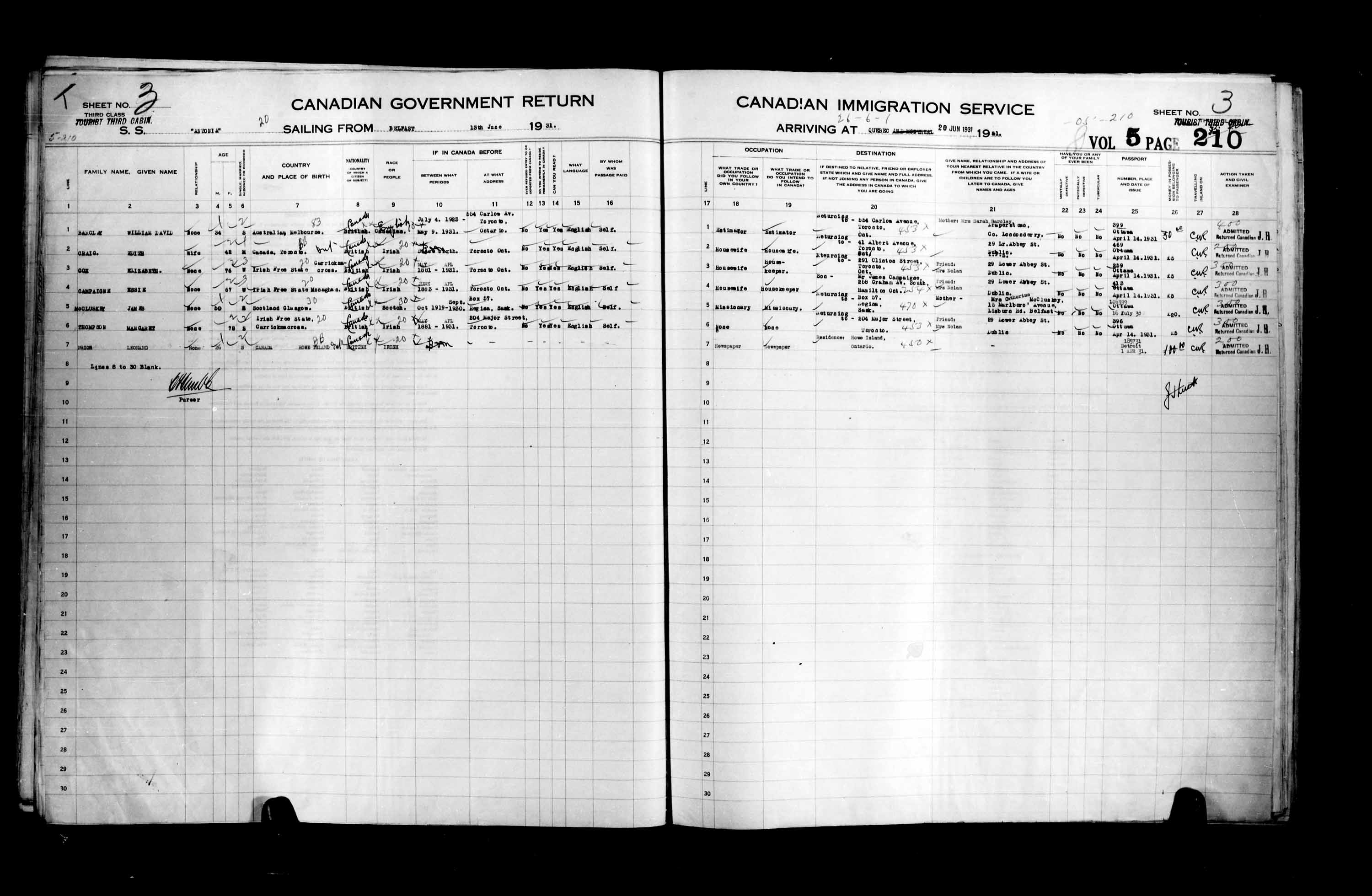 Title: Passenger Lists: Quebec City (1925-1935) - Mikan Number: 134839 - Microform: t-14773
