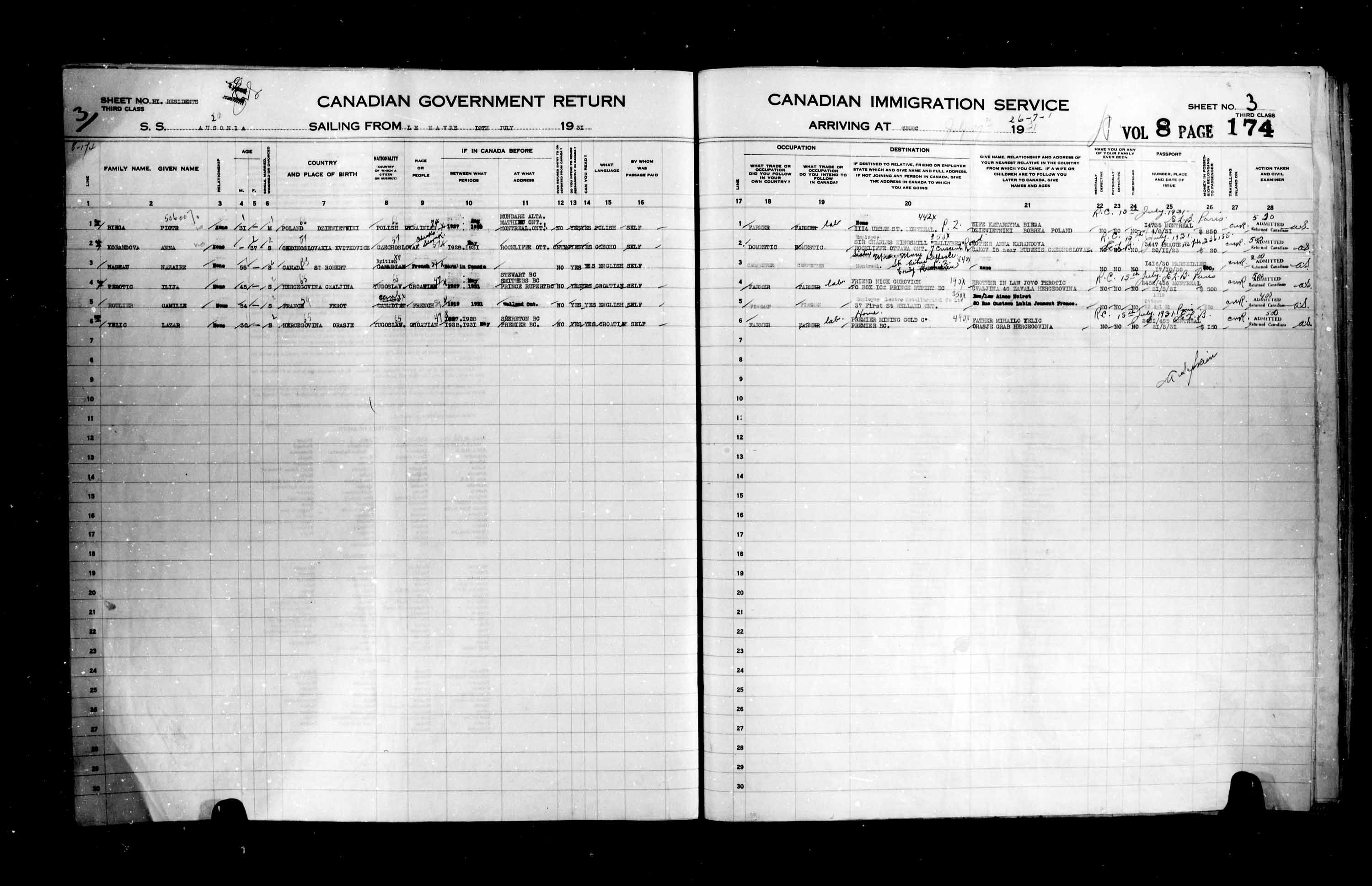 Titre : Listes de passagers : Ville de Qubec (1925-1935) - N d'enregistrement Mikan : 178851 - Microforme : t-14774