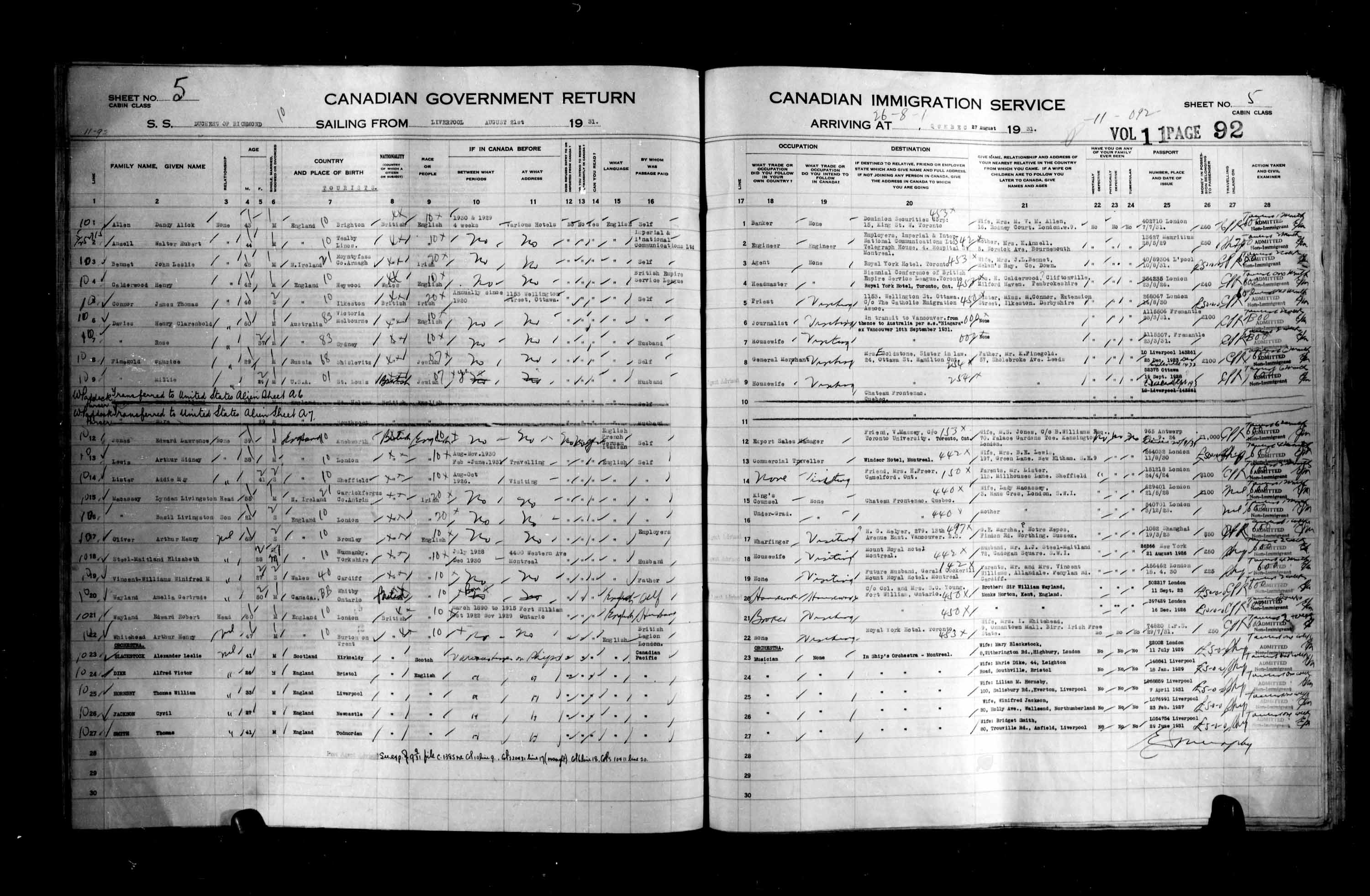 Titre : Listes de passagers : Ville de Qubec (1925-1935) - N d'enregistrement Mikan : 178851 - Microforme : t-14774