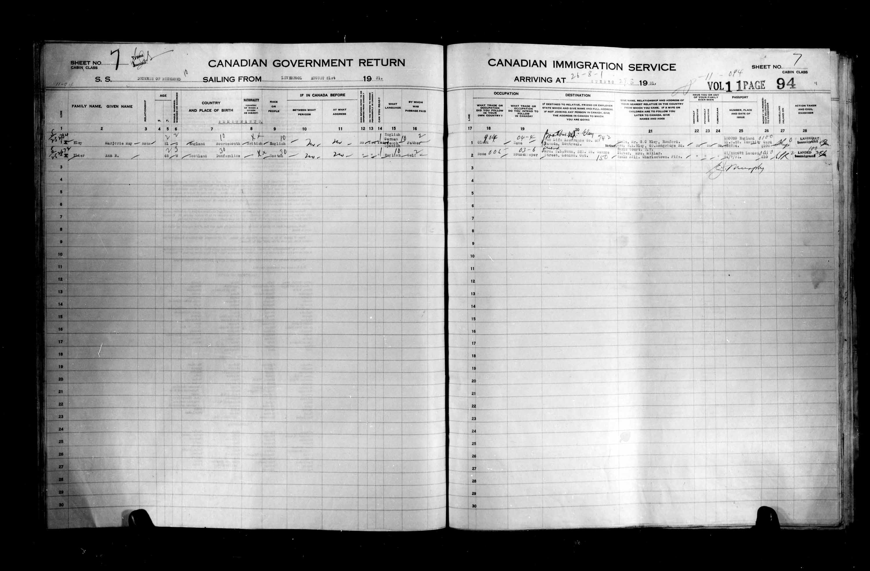Titre : Listes de passagers : Ville de Qubec (1925-1935) - N d'enregistrement Mikan : 178851 - Microforme : t-14774