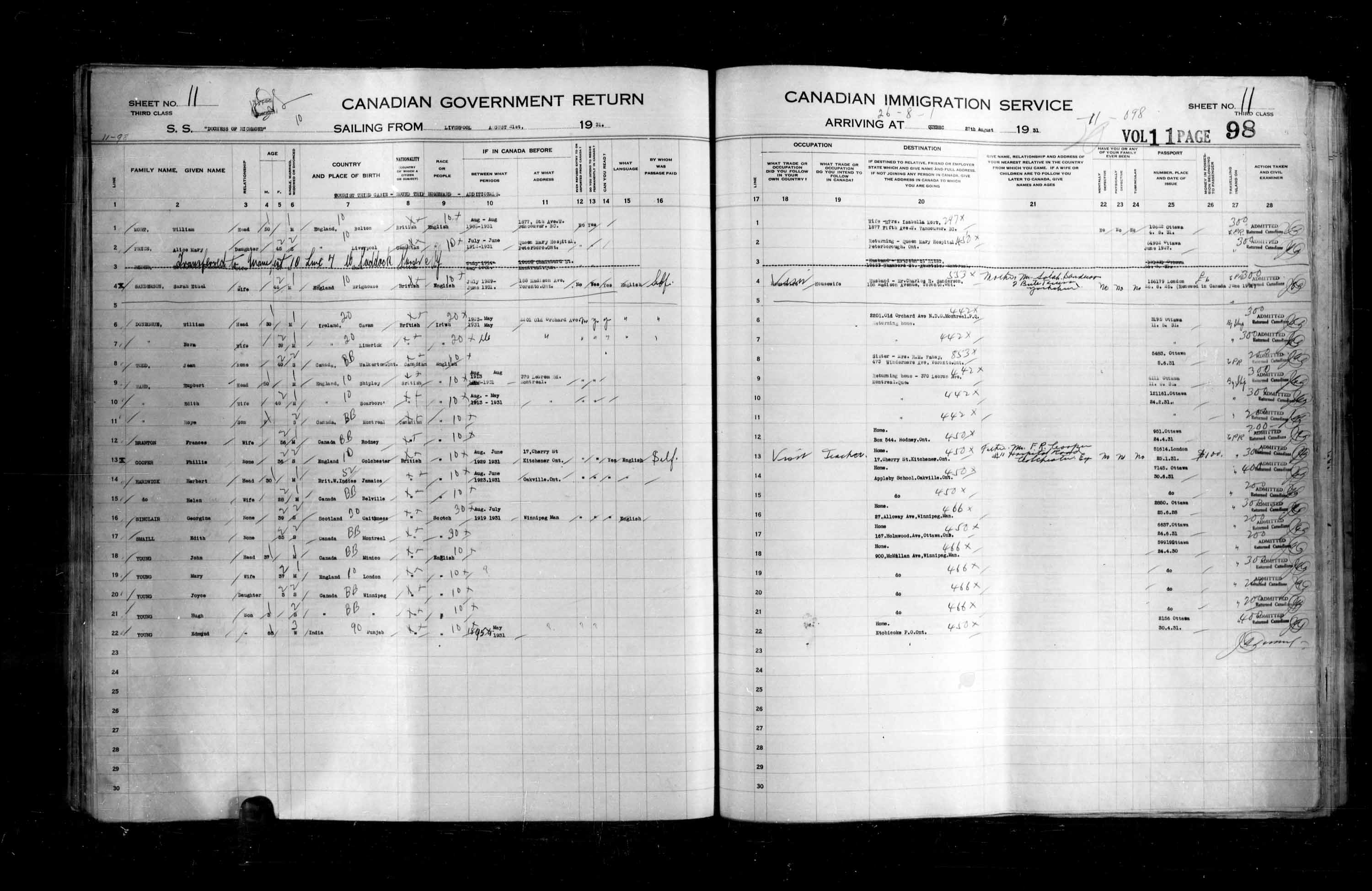 Titre : Listes de passagers : Ville de Qubec (1925-1935) - N d'enregistrement Mikan : 178851 - Microforme : t-14775