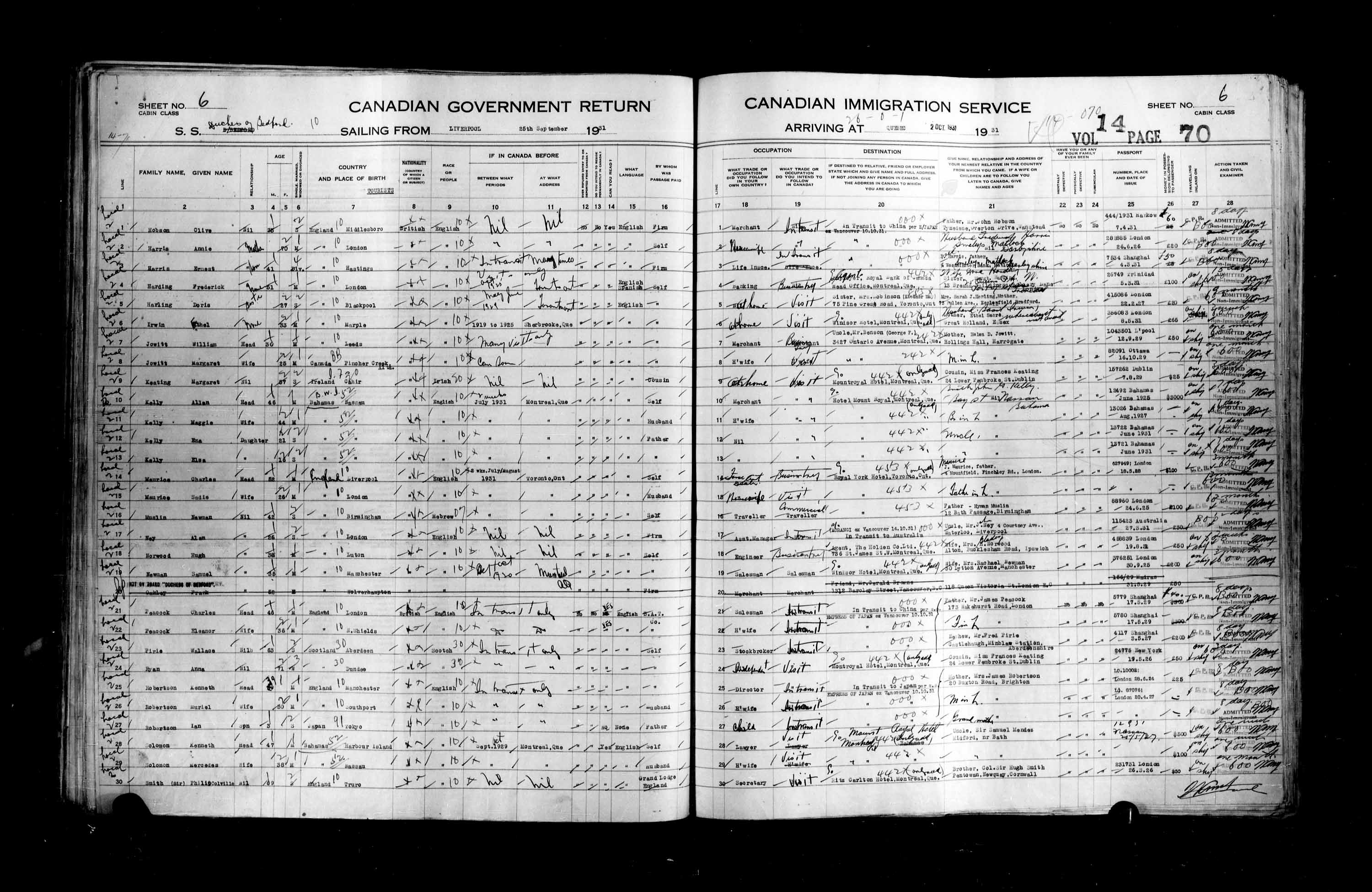 Titre : Listes de passagers : Ville de Québec (1925-1935) - N° d'enregistrement Mikan : 178851 - Microforme : t-14776