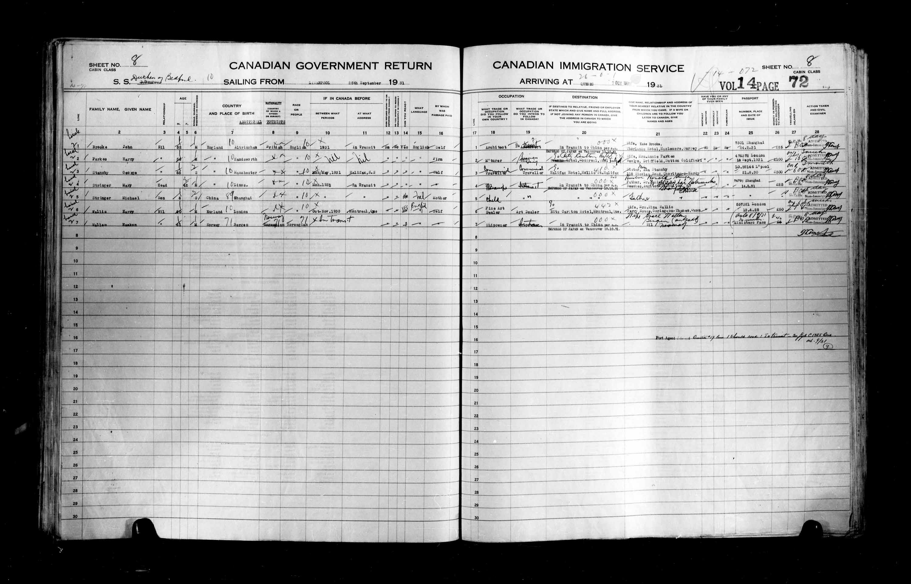 Titre : Listes de passagers : Ville de Qubec (1925-1935) - N d'enregistrement Mikan : 178851 - Microforme : t-14776
