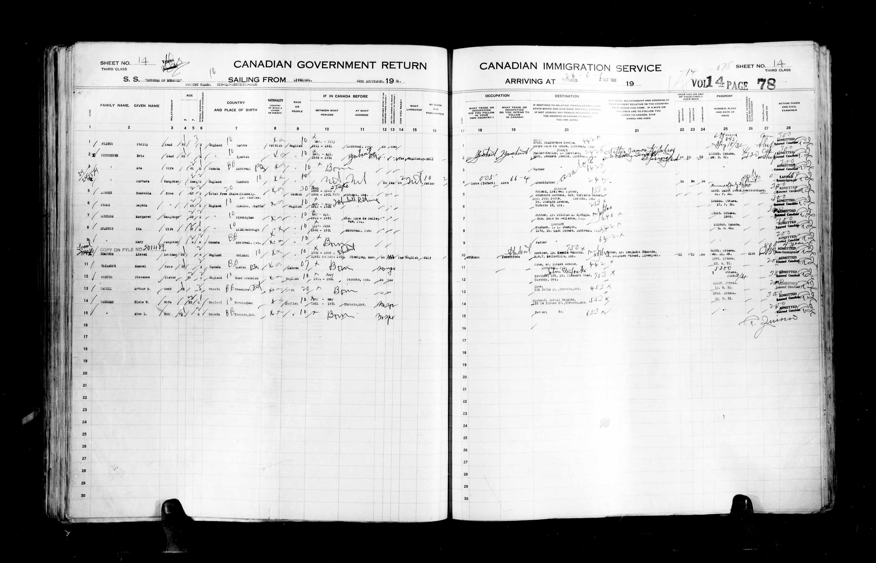Title: Passenger Lists: Quebec City (1925-1935) - Mikan Number: 134839 - Microform: t-14776