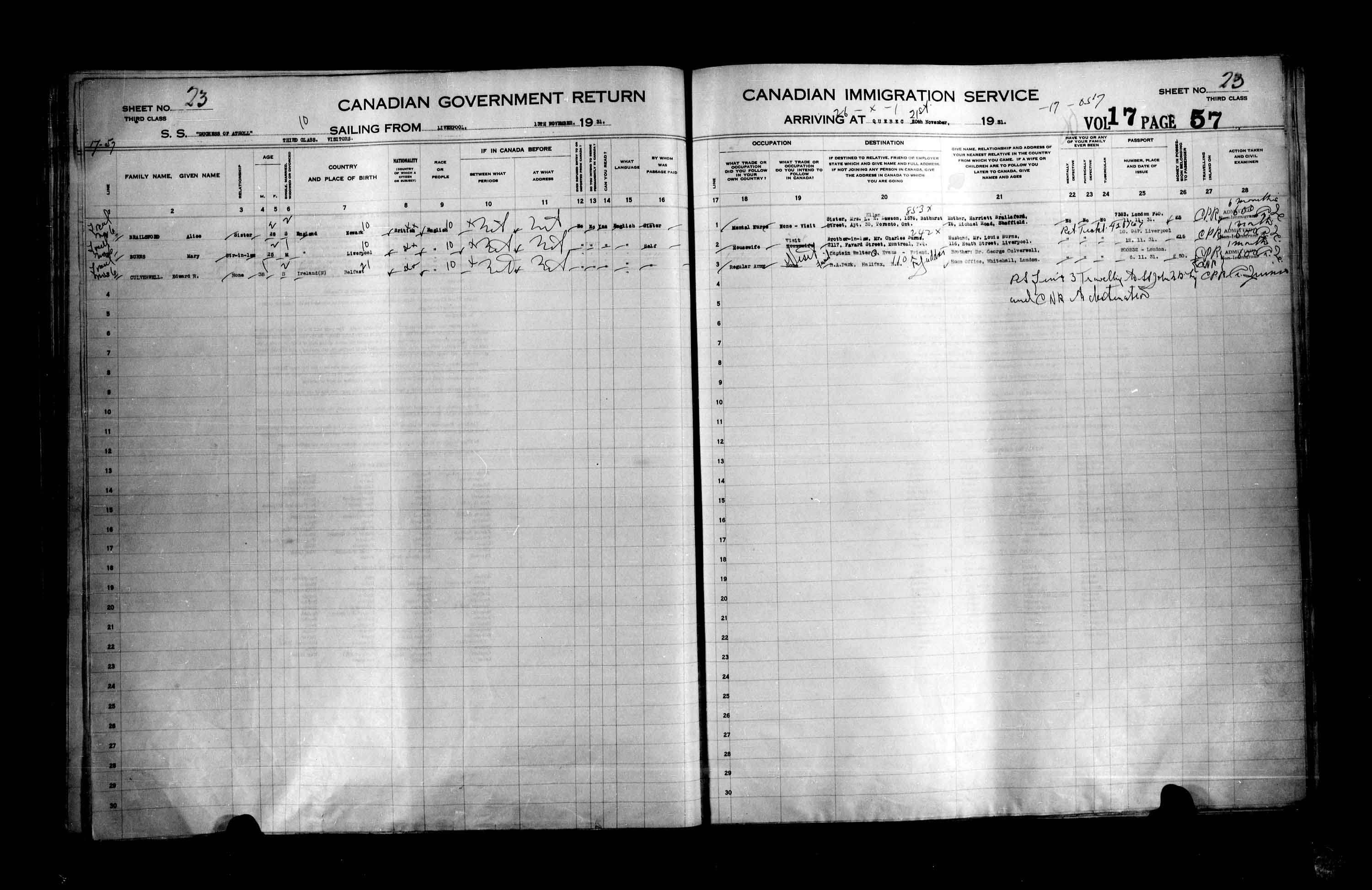 Titre : Listes de passagers : Ville de Qubec (1925-1935) - N d'enregistrement Mikan : 178851 - Microforme : t-14777