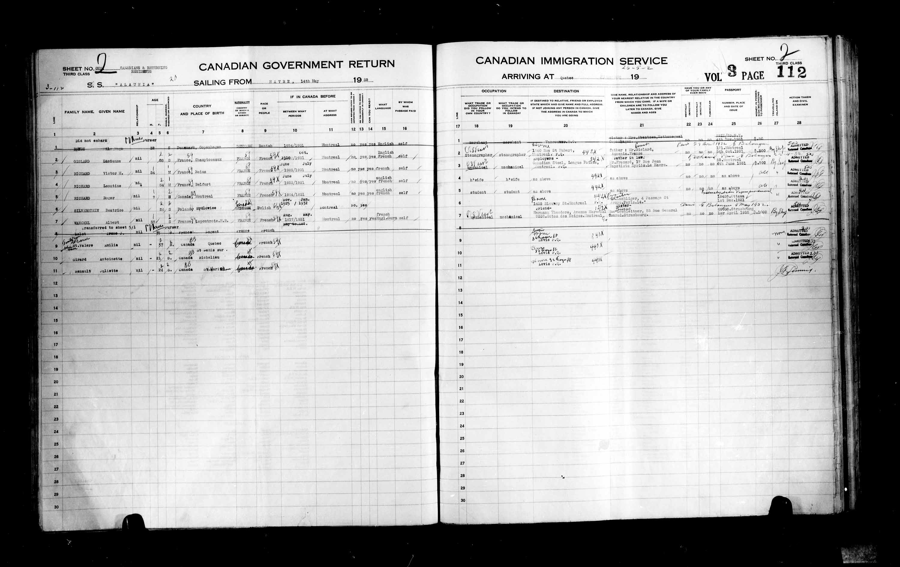 Titre : Listes de passagers : Ville de Qubec (1925-1935) - N d'enregistrement Mikan : 178851 - Microforme : t-14778