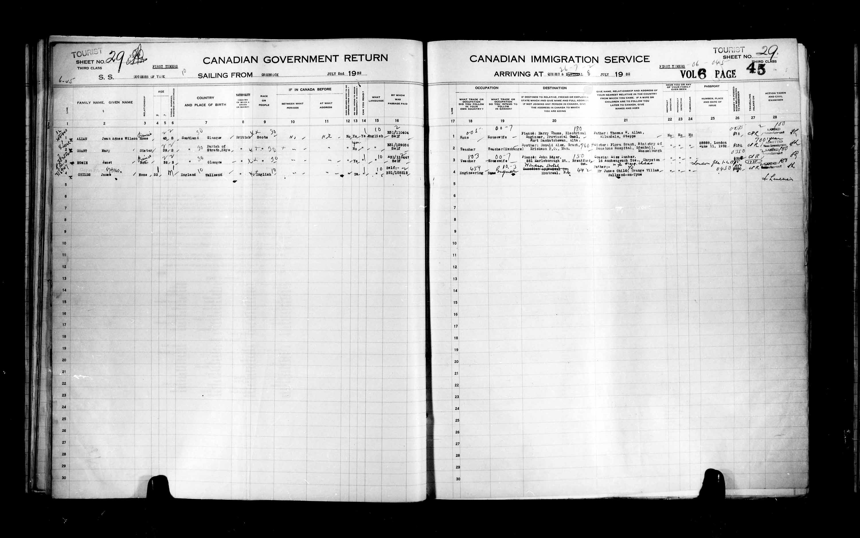 Titre : Listes de passagers : Ville de Qubec (1925-1935) - N d'enregistrement Mikan : 178851 - Microforme : t-14778