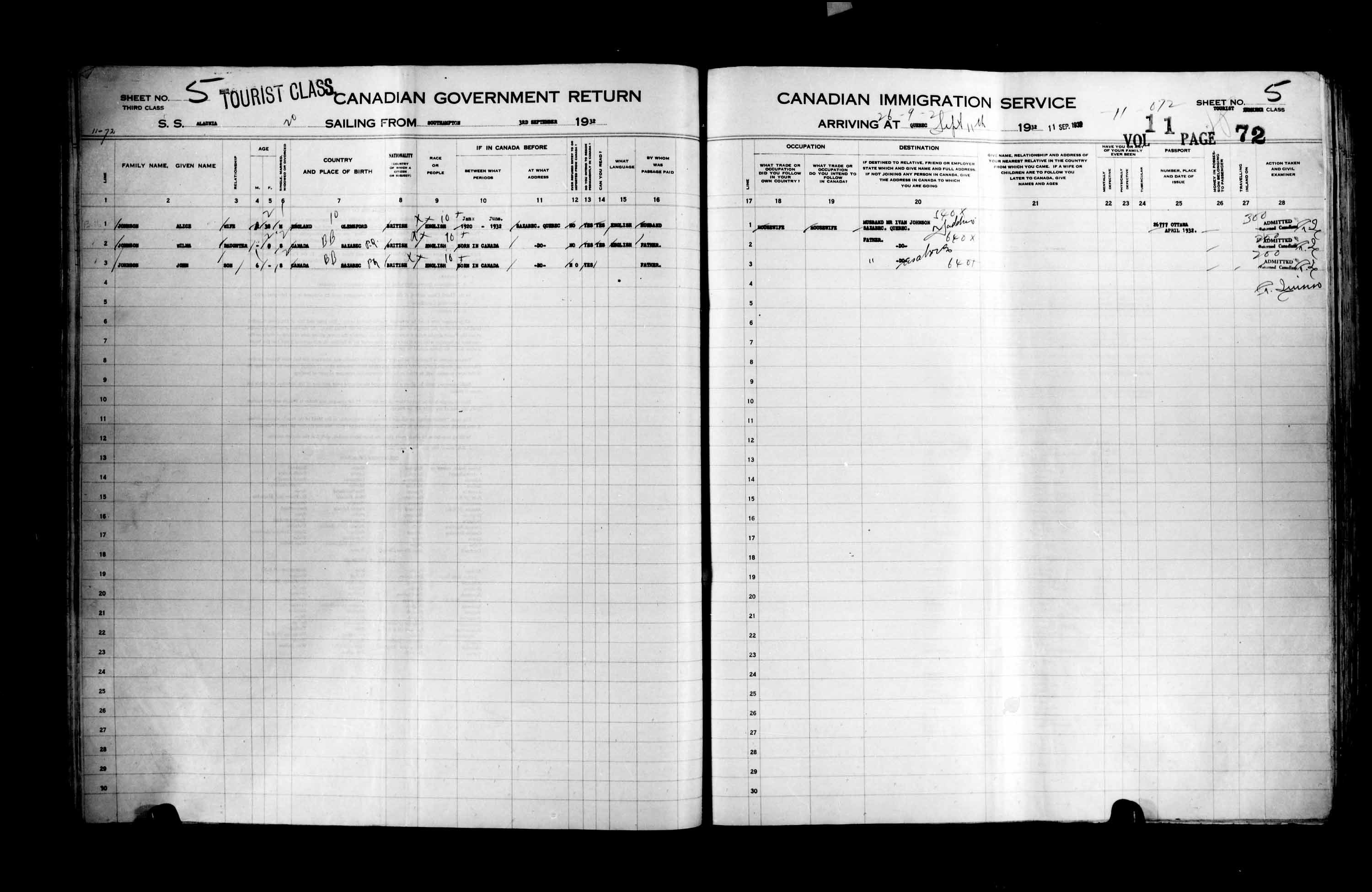 Titre : Listes de passagers : Ville de Qubec (1925-1935) - N d'enregistrement Mikan : 178851 - Microforme : t-14780