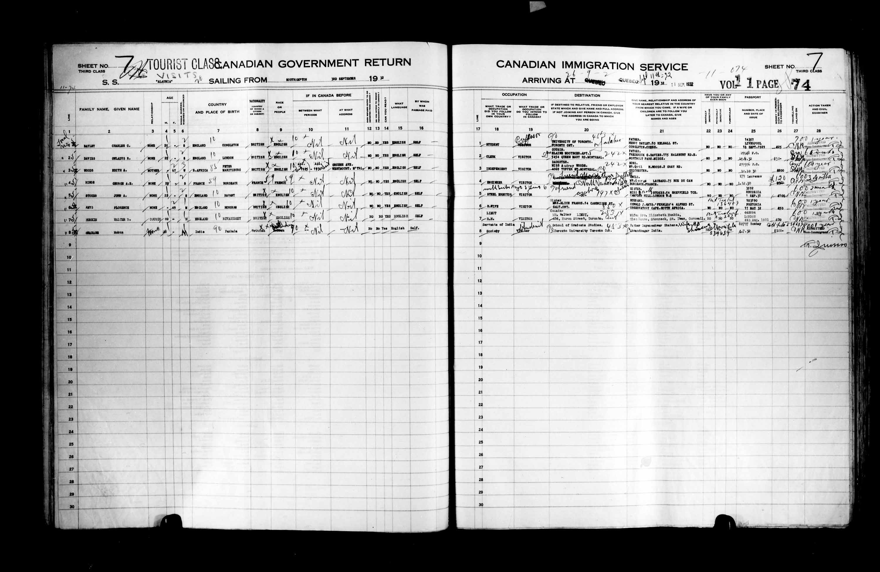 Titre : Listes de passagers : Ville de Québec (1925-1935) - N° d'enregistrement Mikan : 178851 - Microforme : t-14780