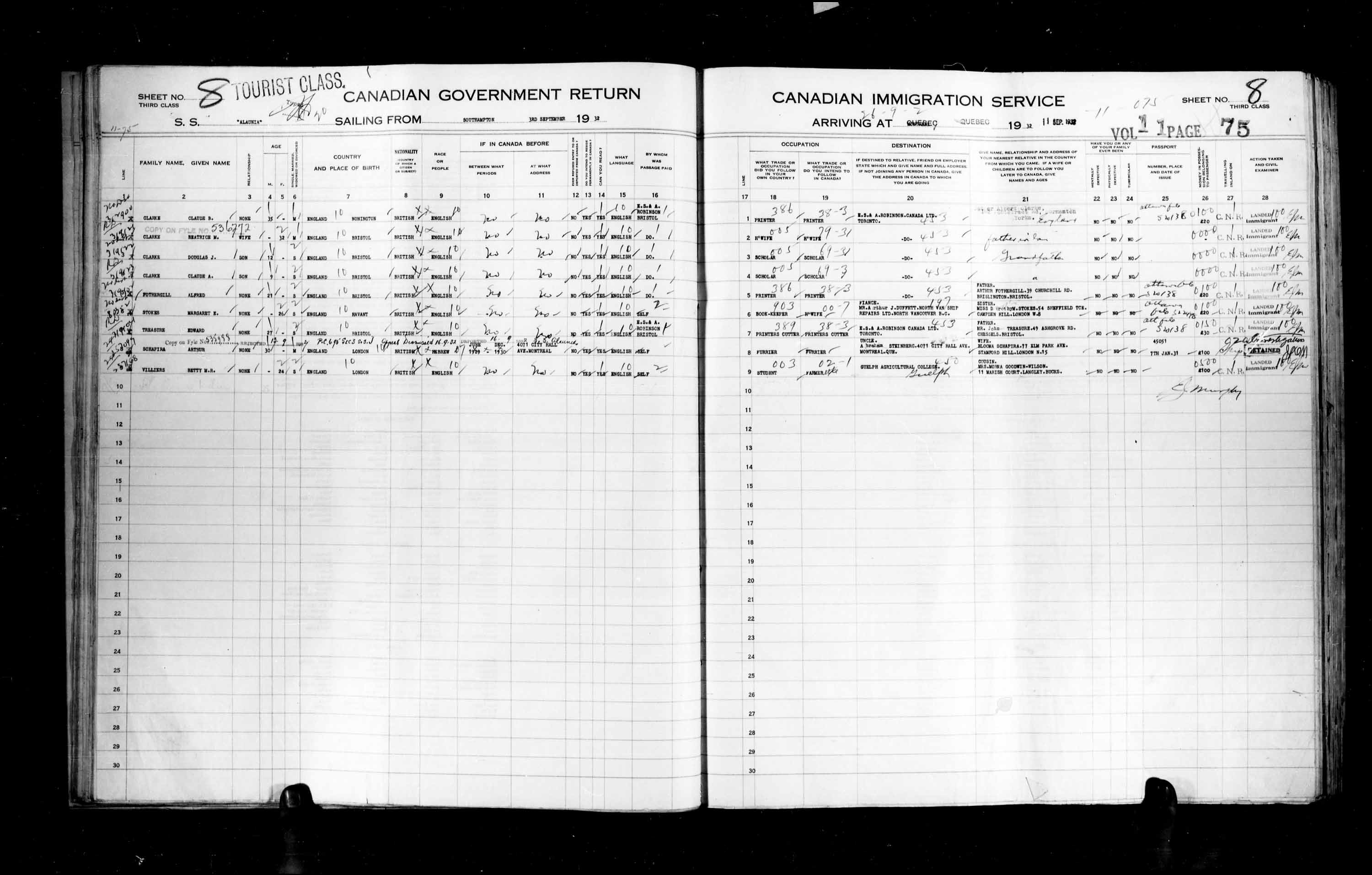 Titre : Listes de passagers : Ville de Qubec (1925-1935) - N d'enregistrement Mikan : 178851 - Microforme : t-14781