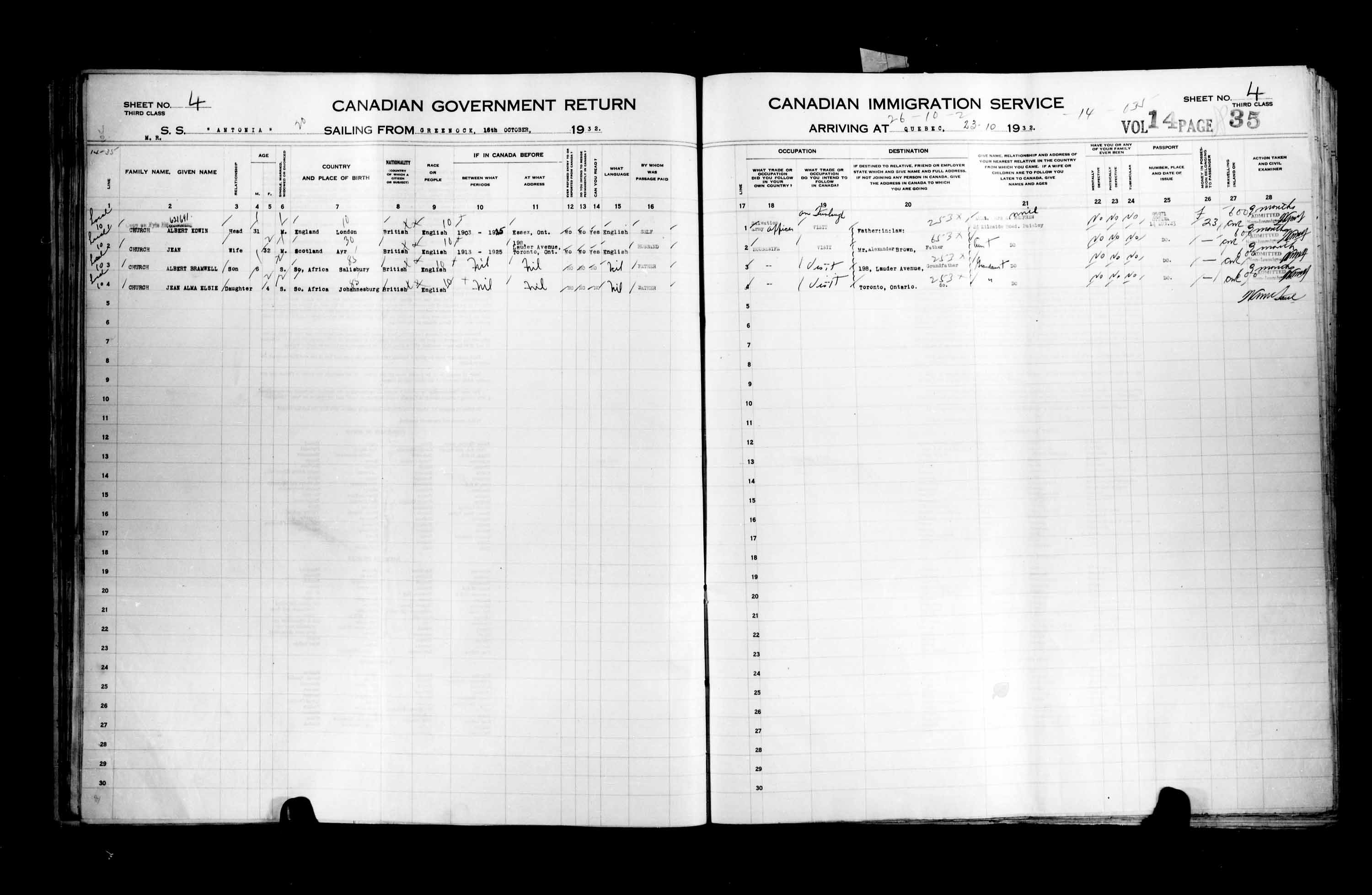 Titre : Listes de passagers : Ville de Qubec (1925-1935) - N d'enregistrement Mikan : 178851 - Microforme : t-14782
