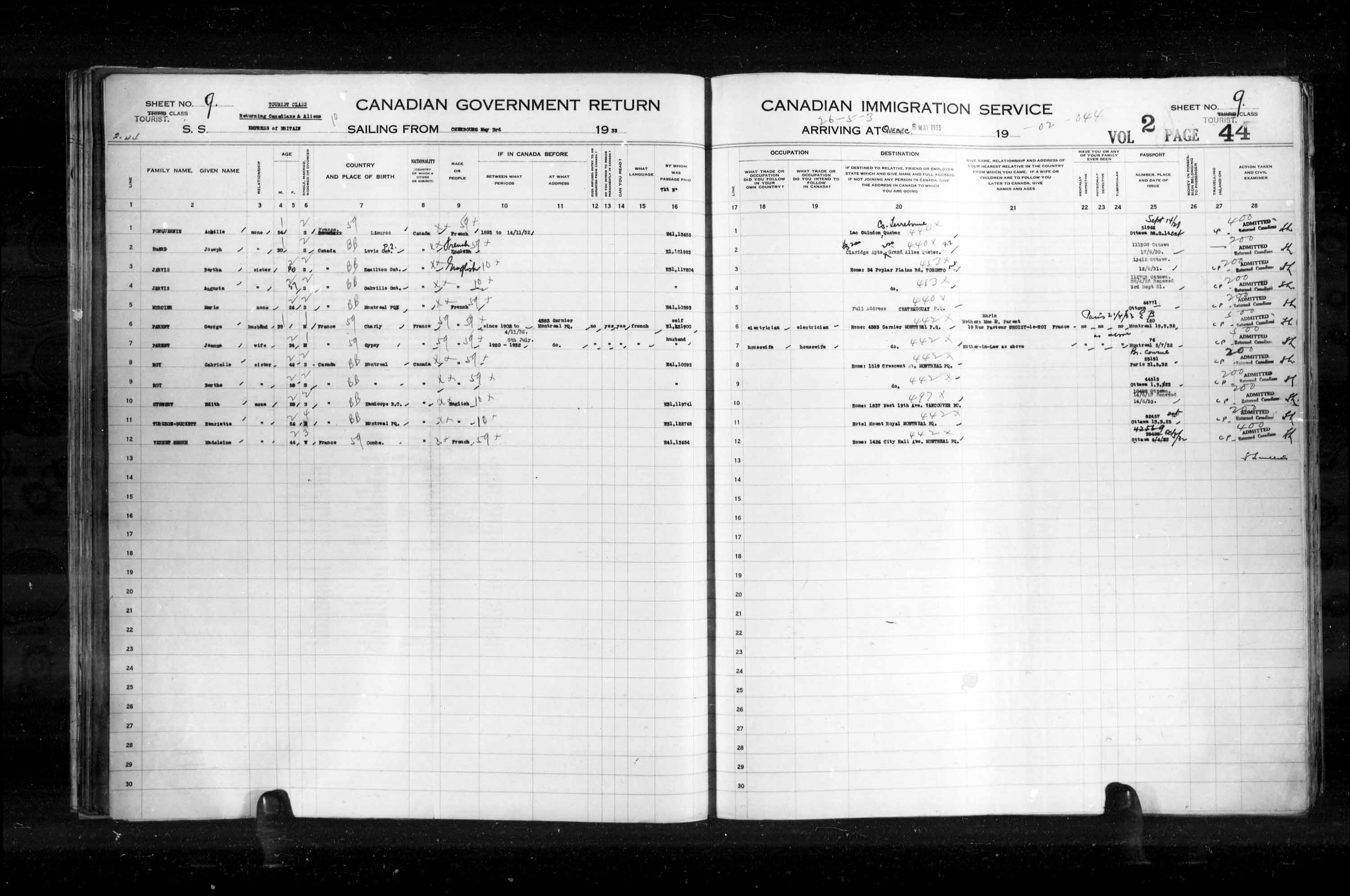 Titre : Listes de passagers : Ville de Qubec (1925-1935) - N d'enregistrement Mikan : 178851 - Microforme : t-14782