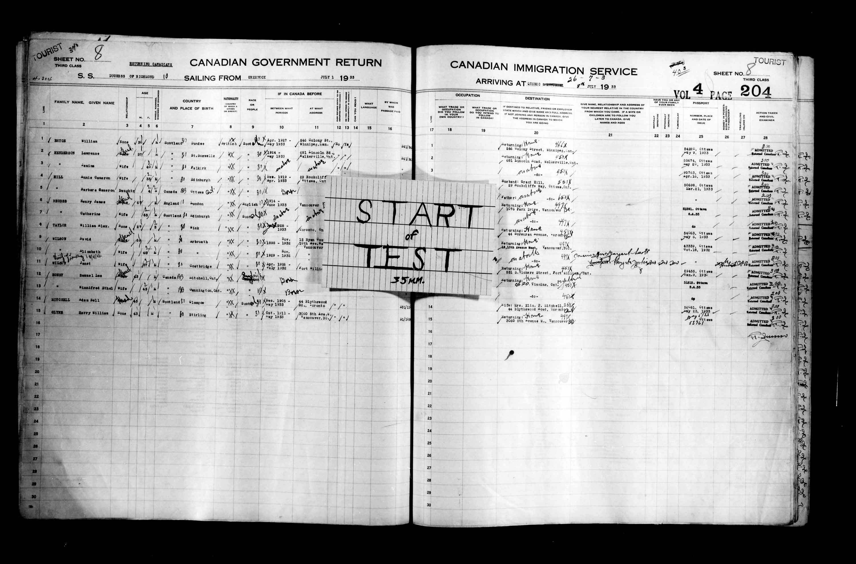 Titre : Listes de passagers : Ville de Qubec (1925-1935) - N d'enregistrement Mikan : 178851 - Microforme : t-14783