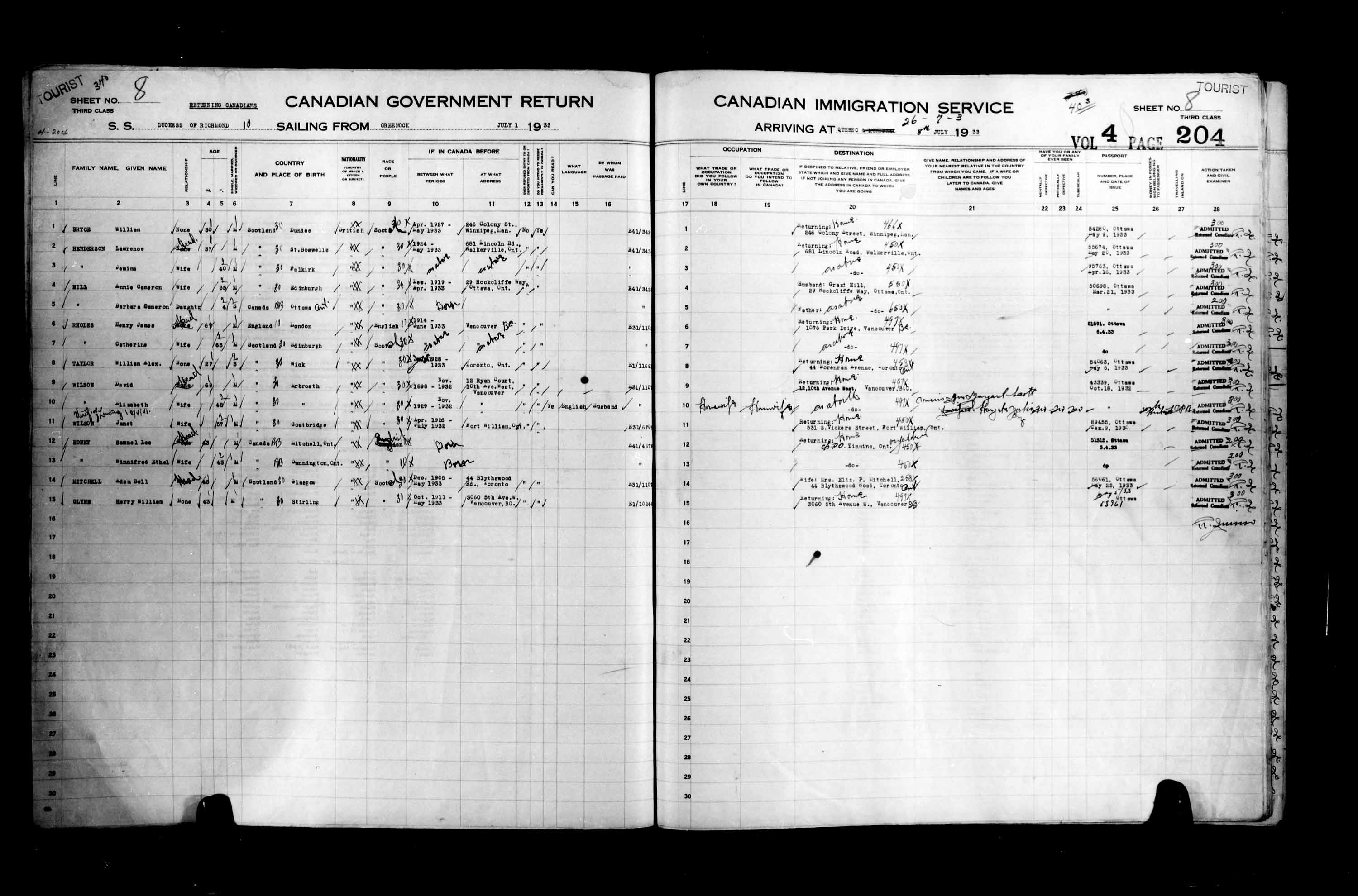 Titre : Listes de passagers : Ville de Qubec (1925-1935) - N d'enregistrement Mikan : 178851 - Microforme : t-14783