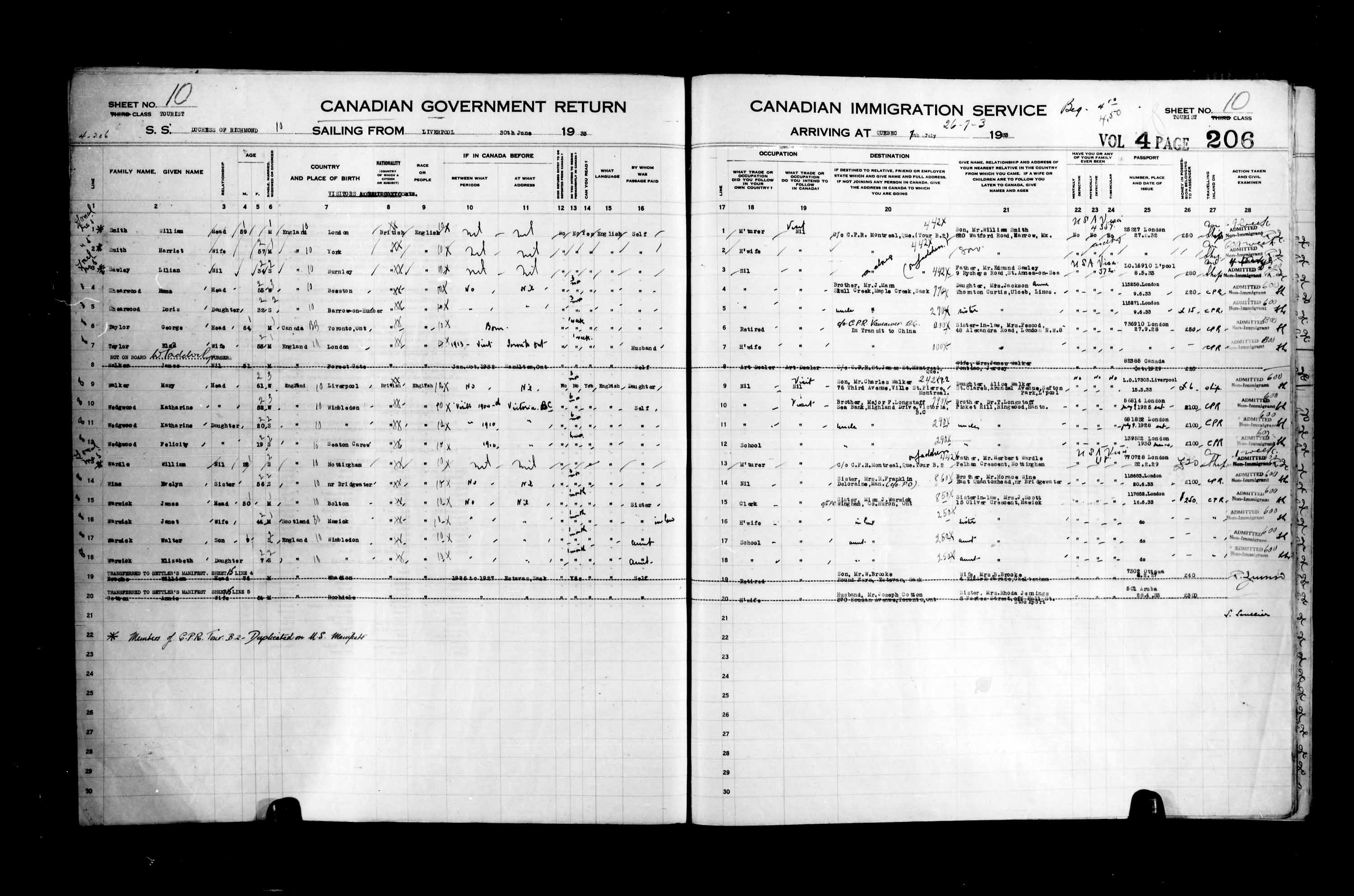 Titre : Listes de passagers : Ville de Qubec (1925-1935) - N d'enregistrement Mikan : 178851 - Microforme : t-14784