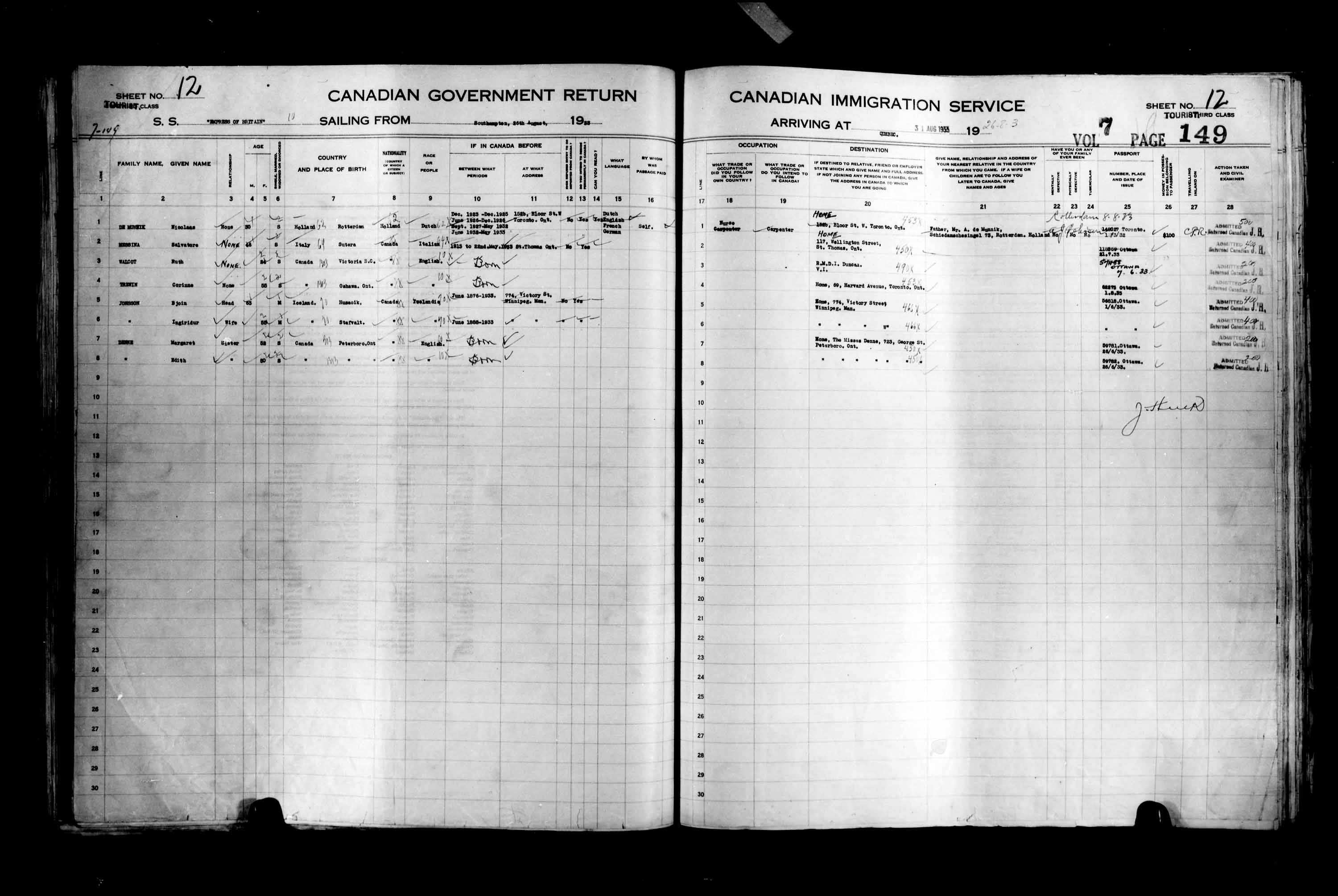 Title: Passenger Lists: Quebec City (1925-1935) - Mikan Number: 134839 - Microform: t-14784