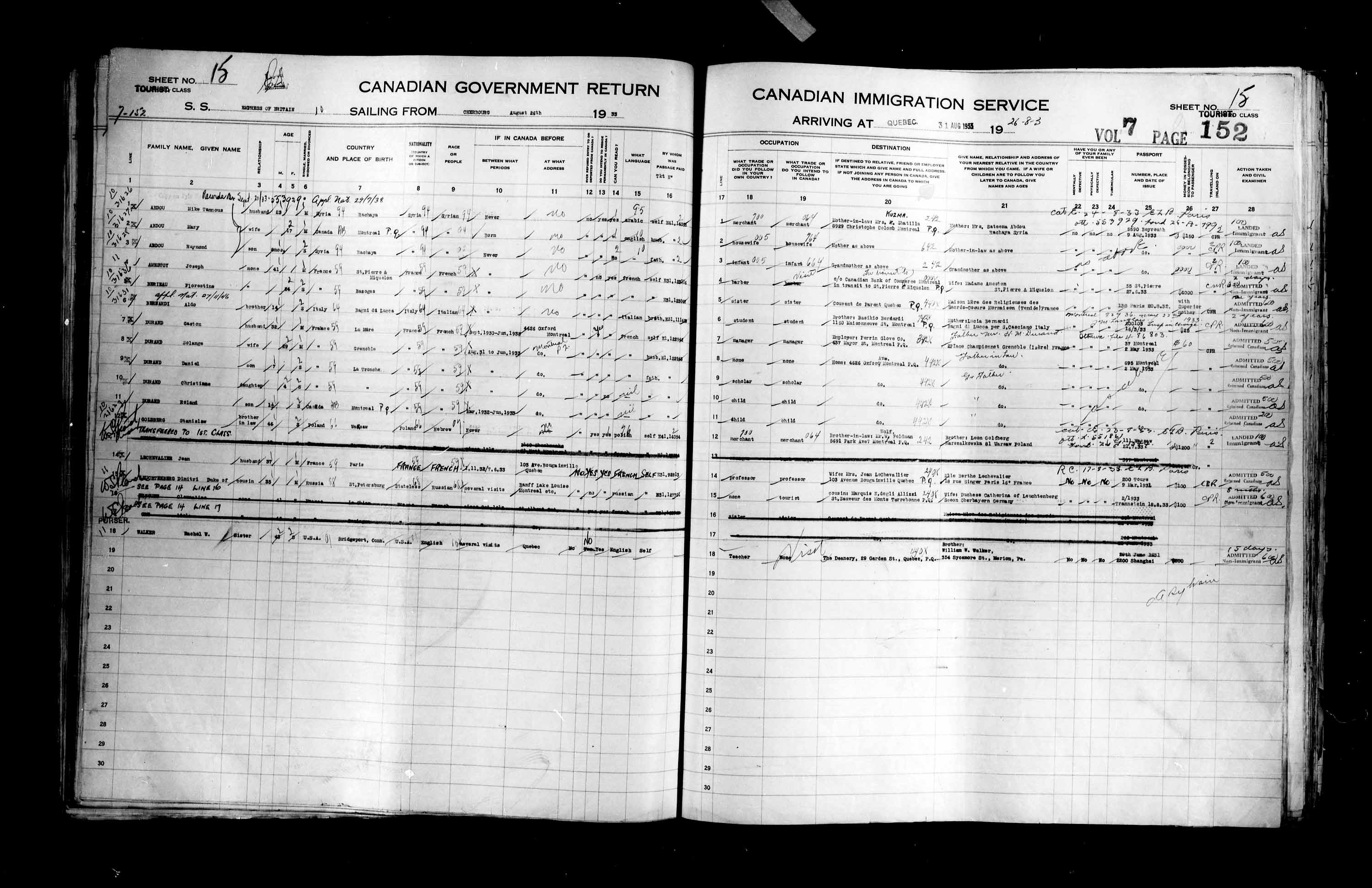 Titre : Listes de passagers : Ville de Québec (1925-1935) - N° d'enregistrement Mikan : 178851 - Microforme : t-14785