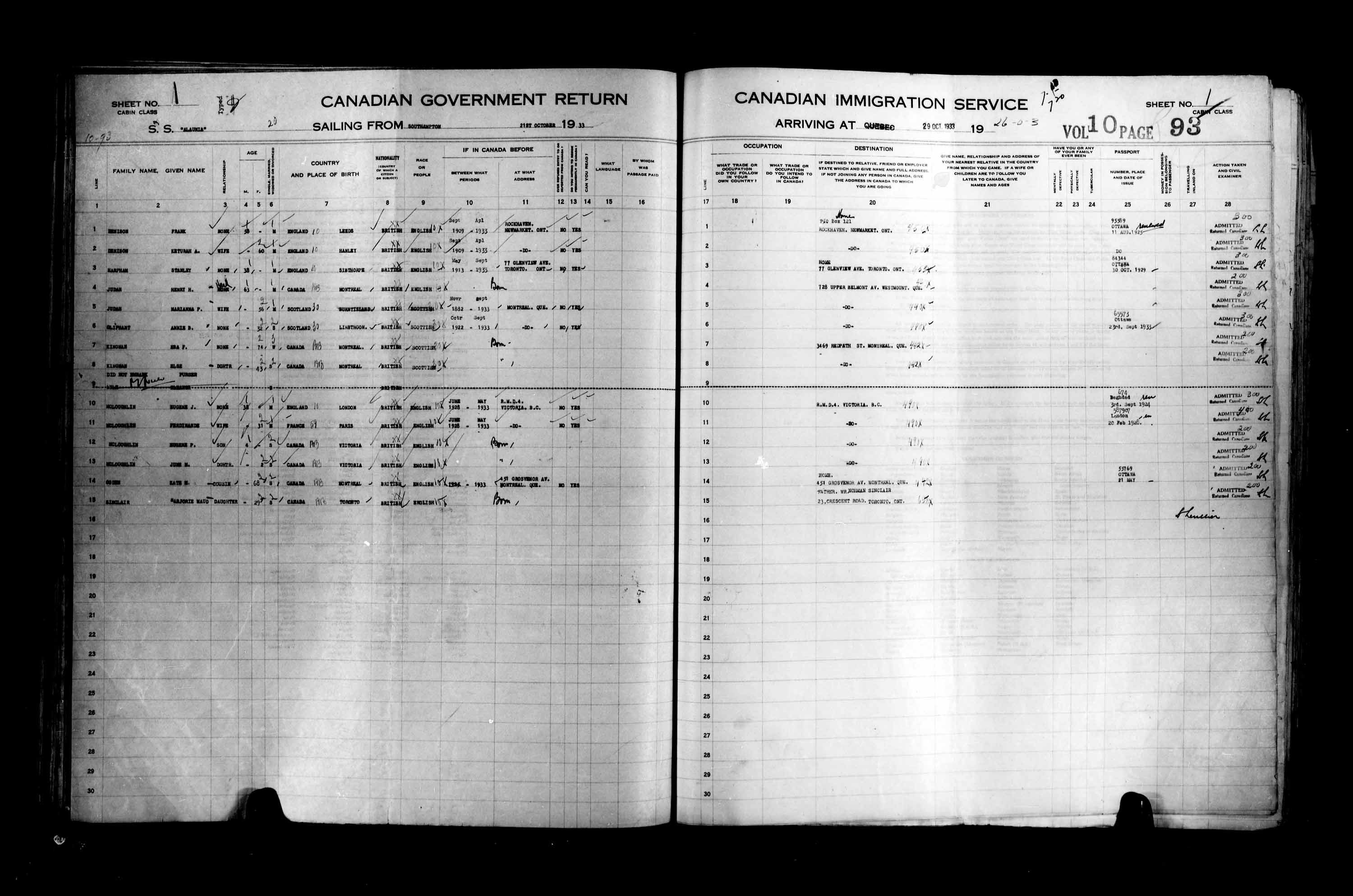Titre : Listes de passagers : Ville de Qubec (1925-1935) - N d'enregistrement Mikan : 178851 - Microforme : t-14785