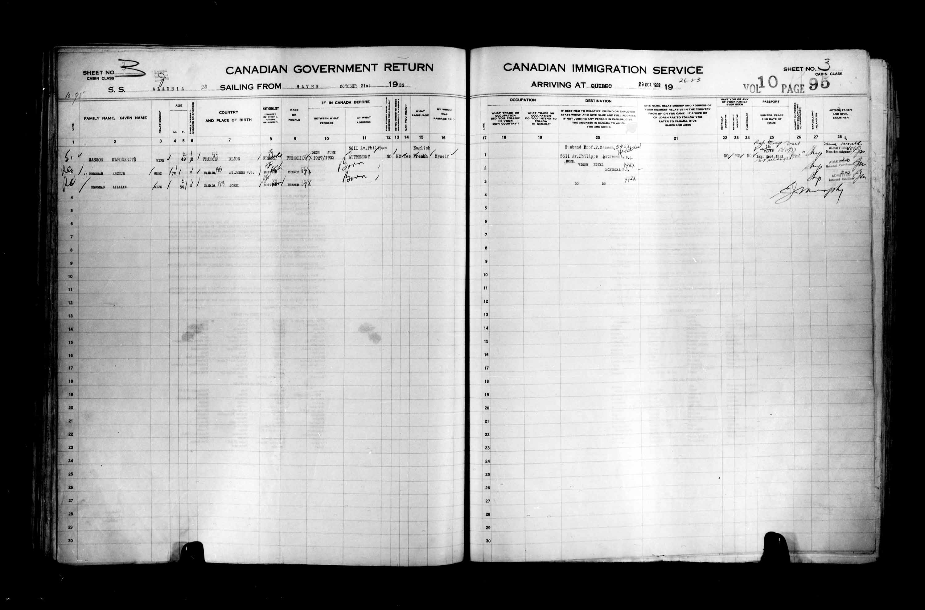 Titre : Listes de passagers : Ville de Qubec (1925-1935) - N d'enregistrement Mikan : 178851 - Microforme : t-14785