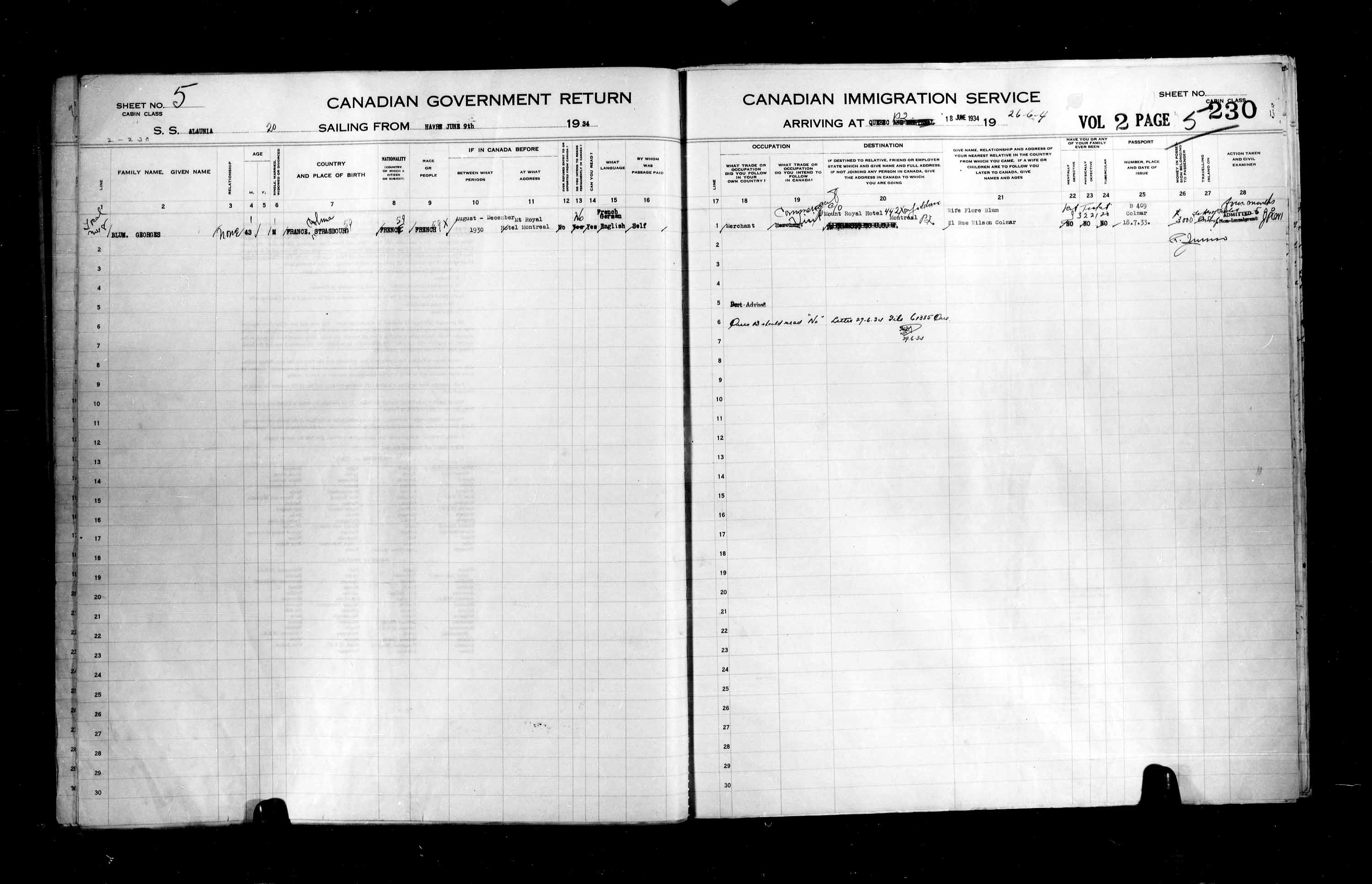 Titre : Listes de passagers : Ville de Qubec (1925-1935) - N d'enregistrement Mikan : 178851 - Microforme : t-14787