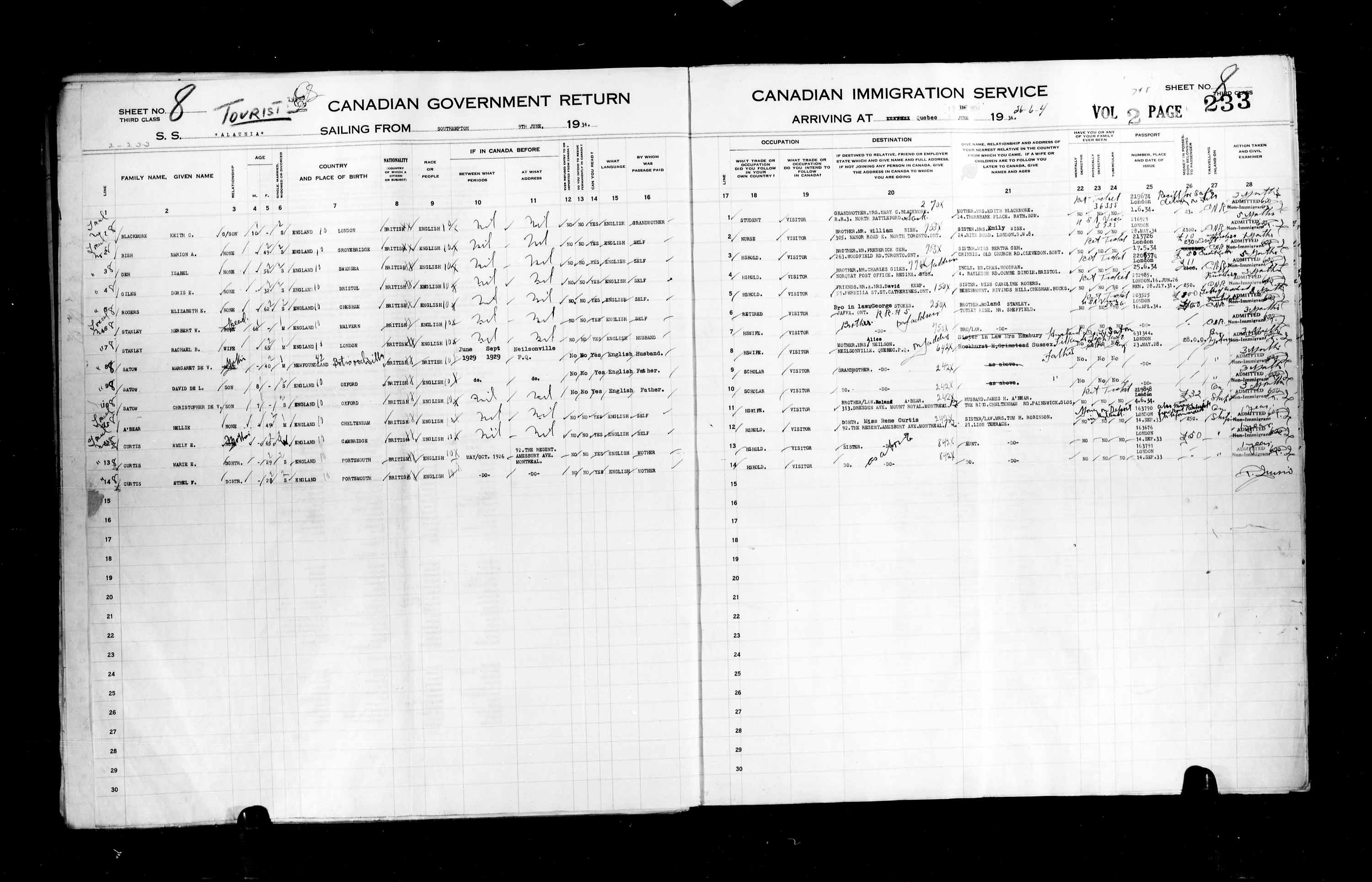 Titre : Listes de passagers : Ville de Qubec (1925-1935) - N d'enregistrement Mikan : 178851 - Microforme : t-14787