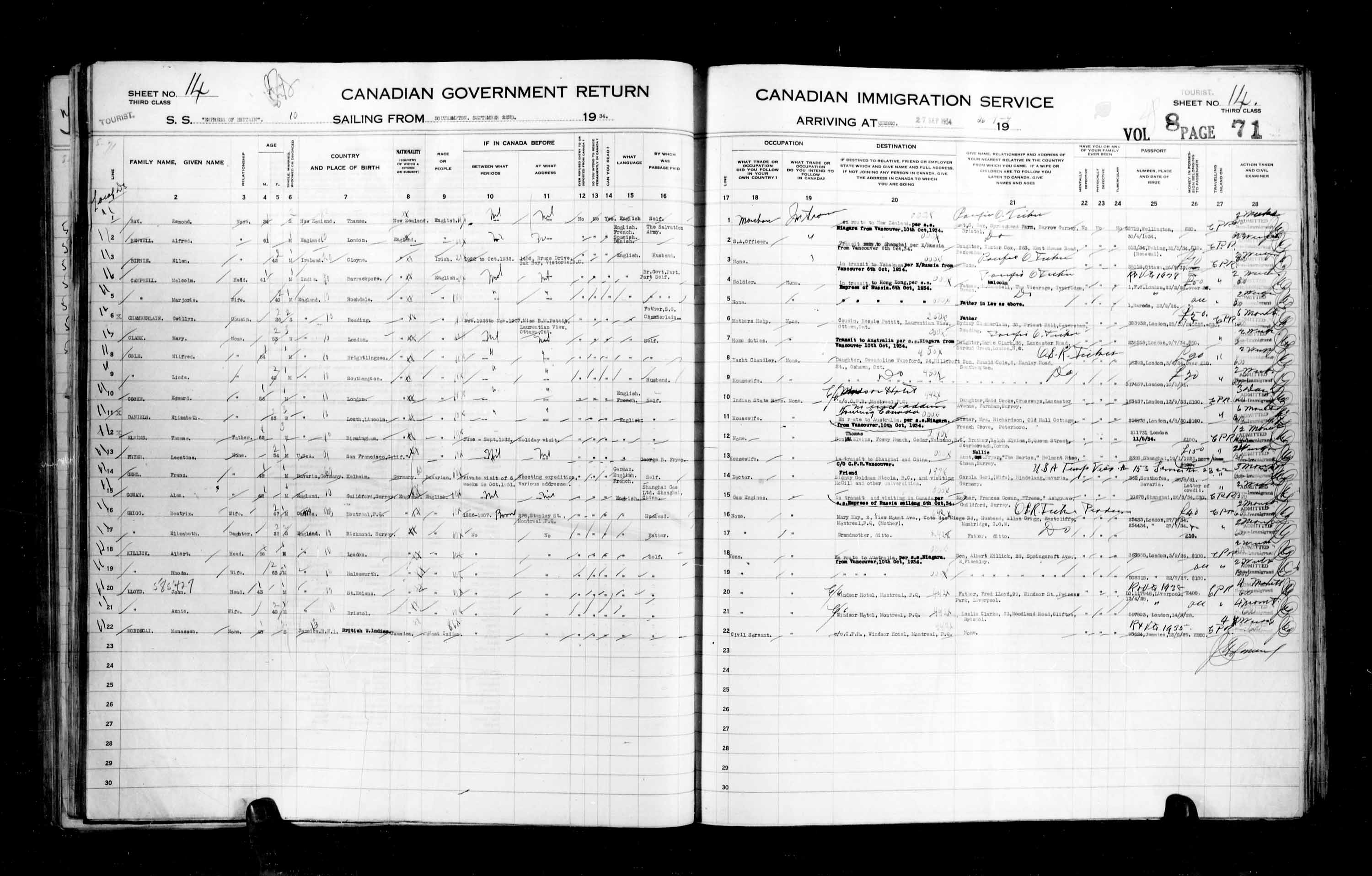 Titre : Listes de passagers : Ville de Québec (1925-1935) - N° d'enregistrement Mikan : 178851 - Microforme : t-14788