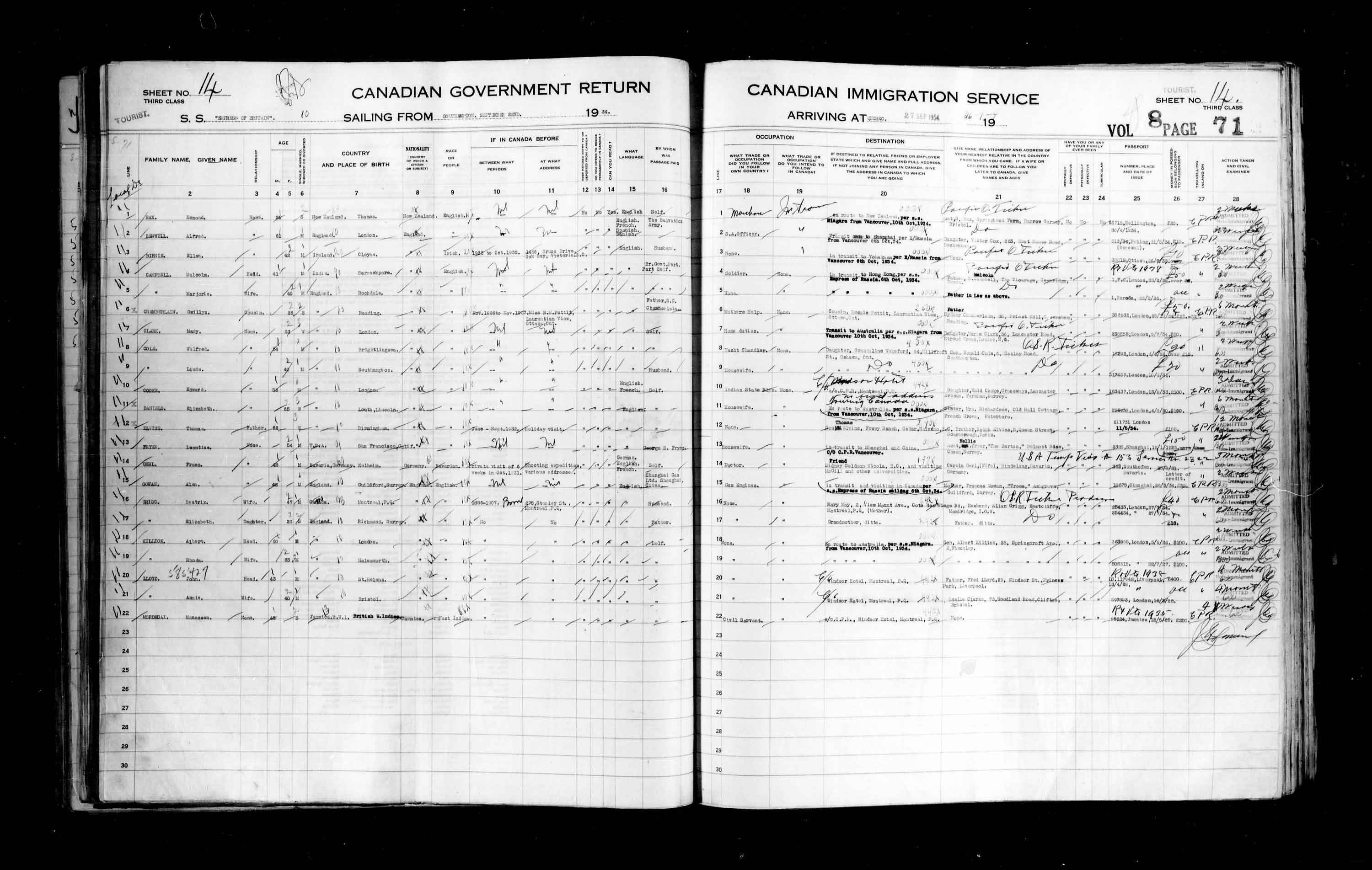 Titre : Listes de passagers : Ville de Québec (1925-1935) - N° d'enregistrement Mikan : 178851 - Microforme : t-14789