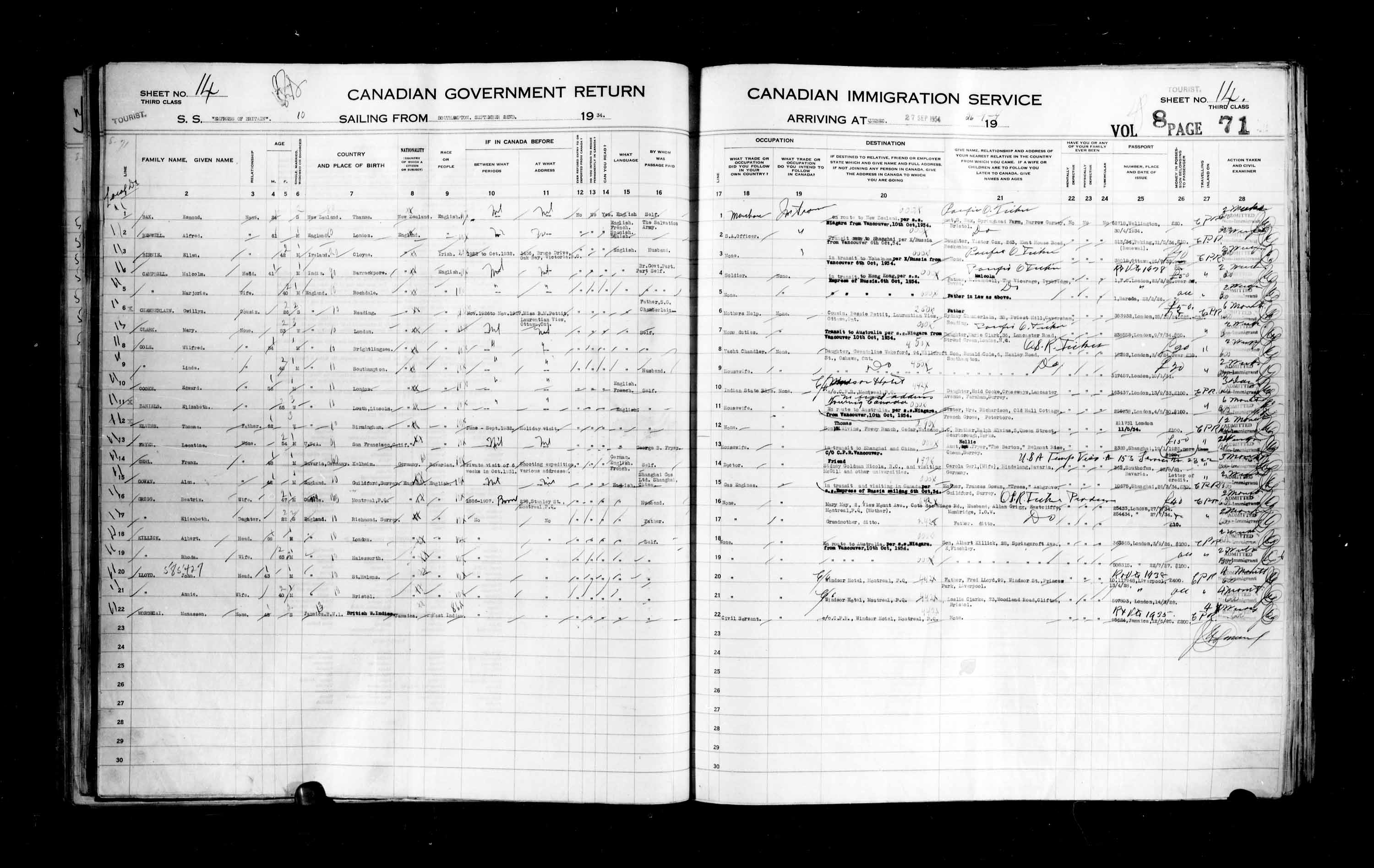 Titre : Listes de passagers : Ville de Qubec (1925-1935) - N d'enregistrement Mikan : 178851 - Microforme : t-14789