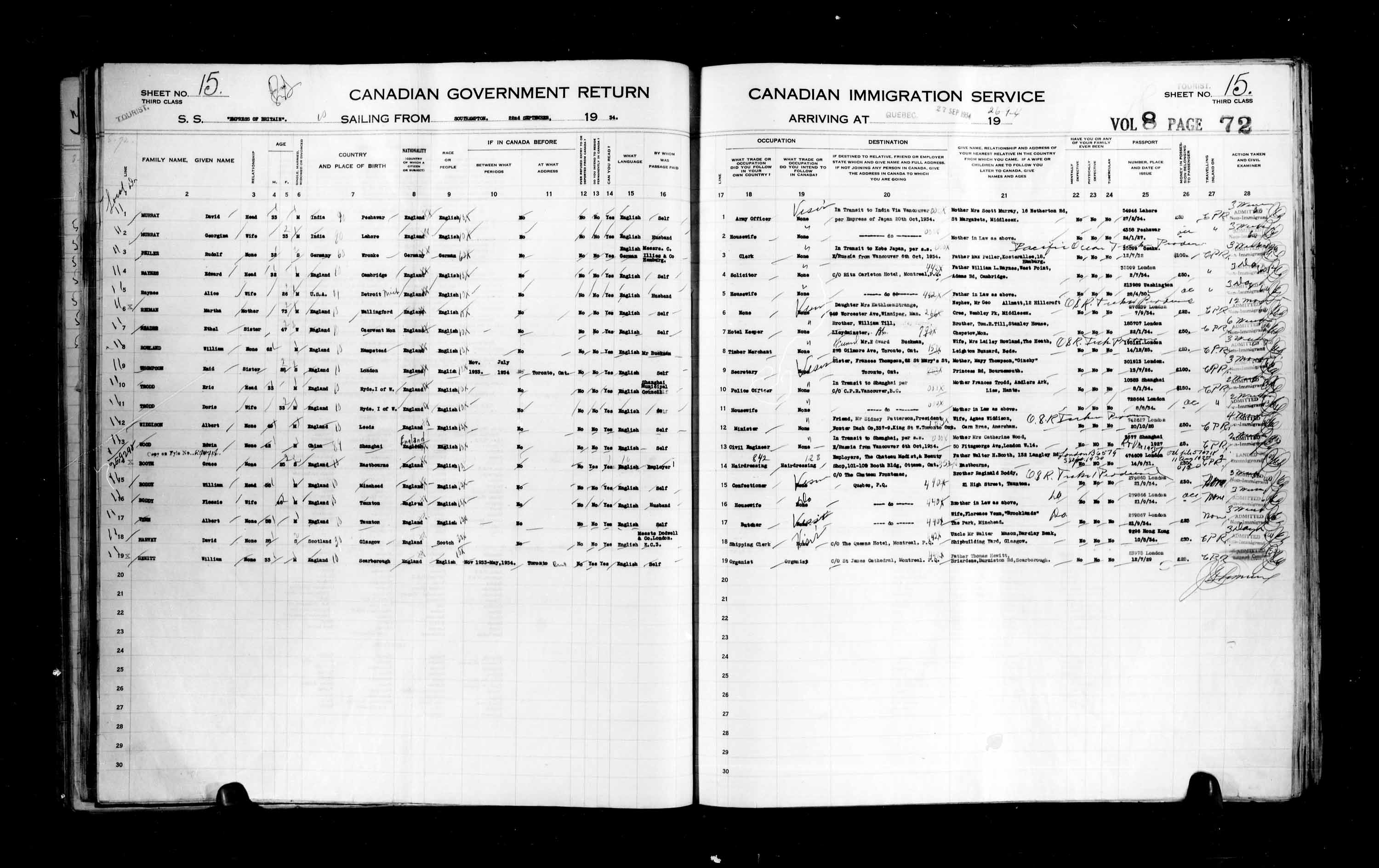 Titre : Listes de passagers : Ville de Qubec (1925-1935) - N d'enregistrement Mikan : 178851 - Microforme : t-14789
