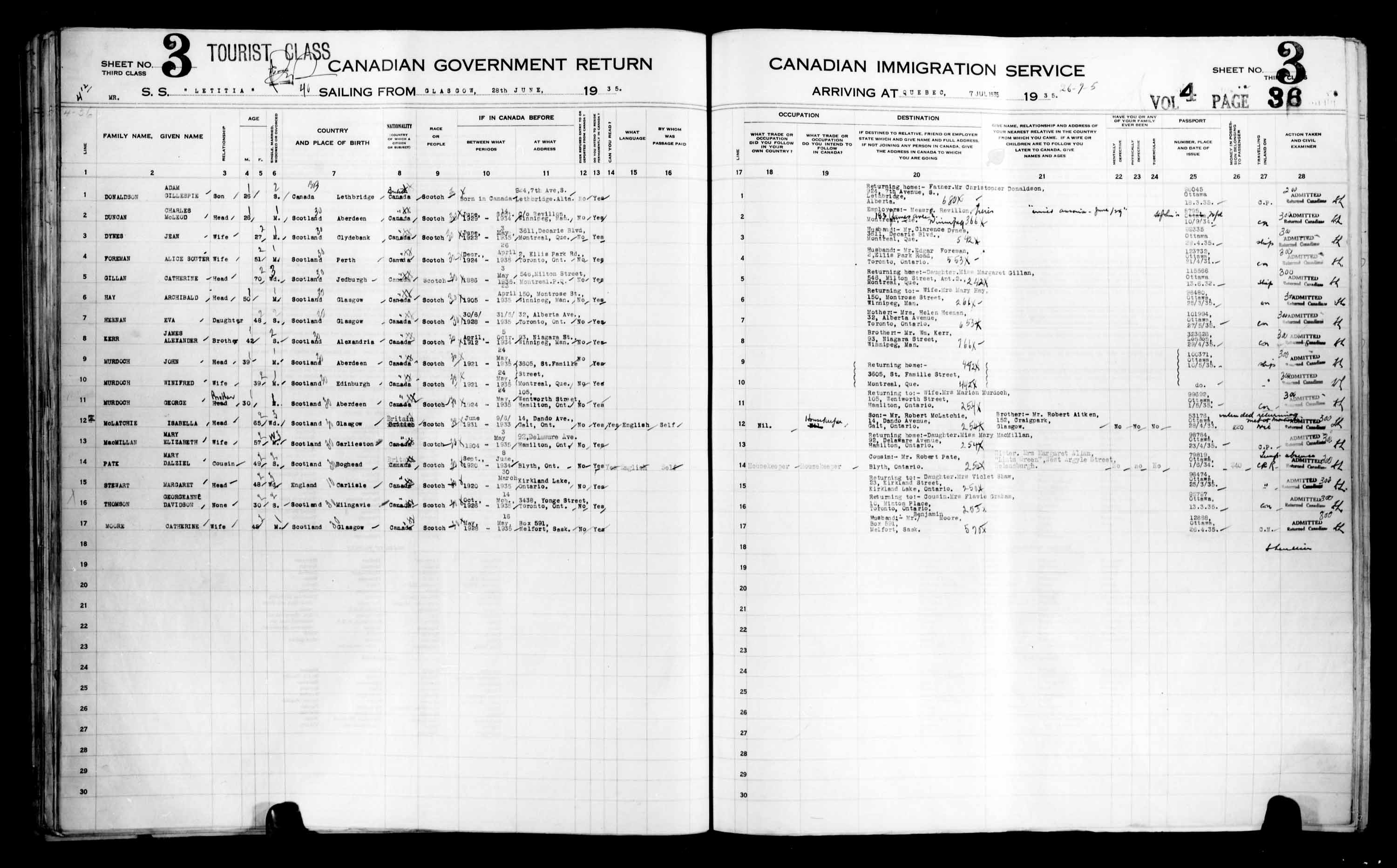 Titre : Listes de passagers : Ville de Qubec (1925-1935) - N d'enregistrement Mikan : 178851 - Microforme : t-14790