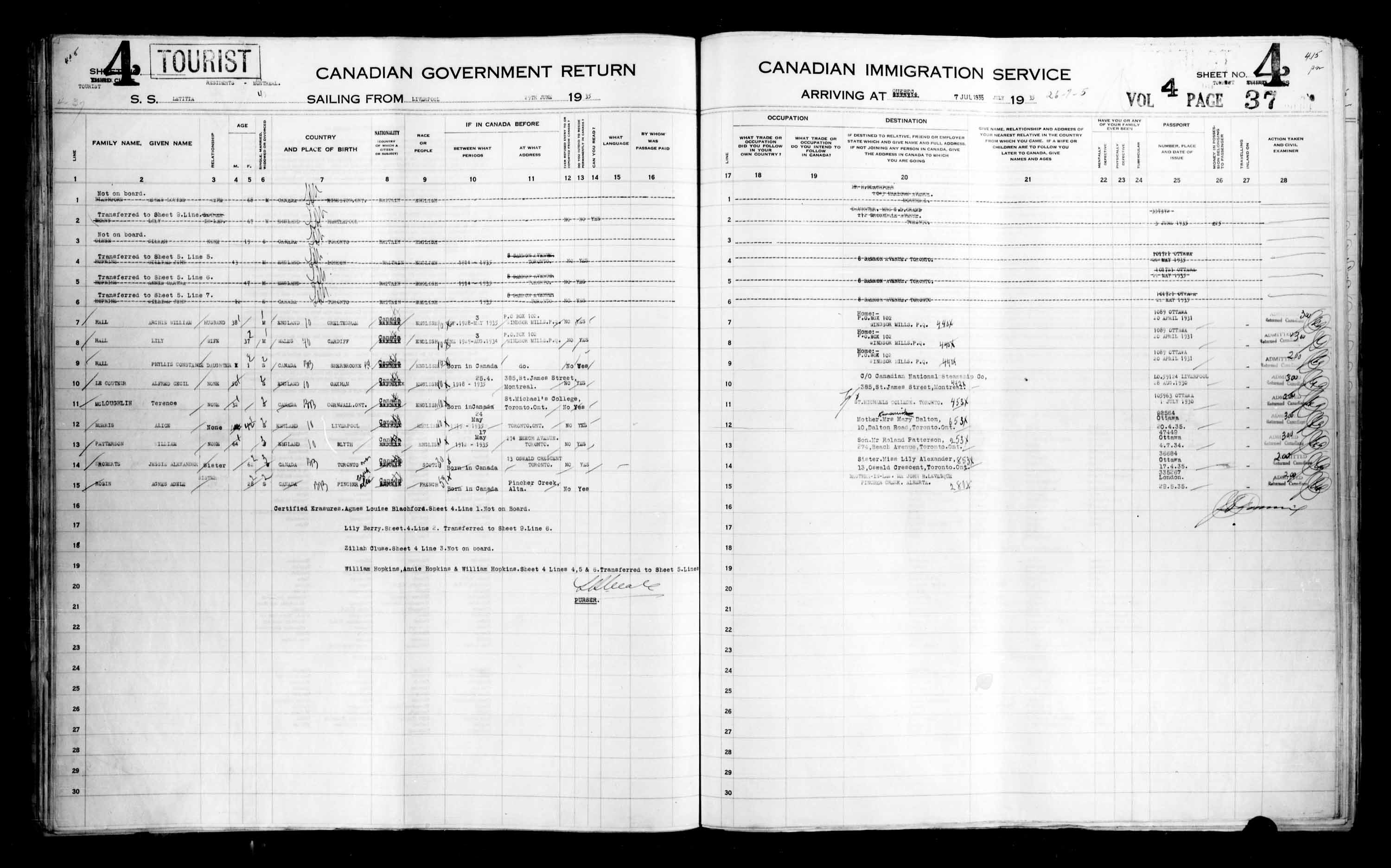 Titre : Listes de passagers : Ville de Québec (1925-1935) - N° d'enregistrement Mikan : 178851 - Microforme : t-14791