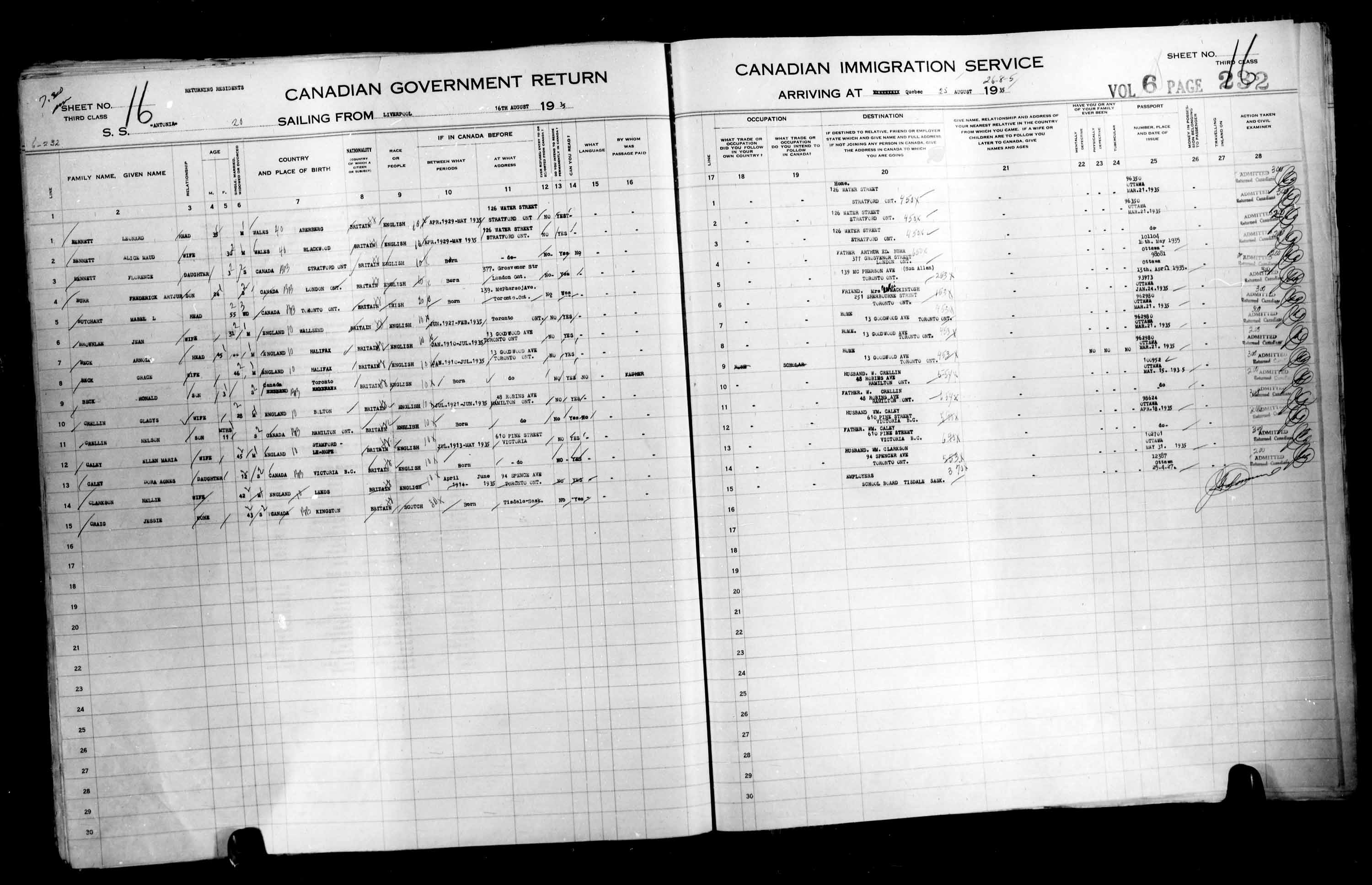 Titre : Listes de passagers : Ville de Qubec (1925-1935) - N d'enregistrement Mikan : 178851 - Microforme : t-14791