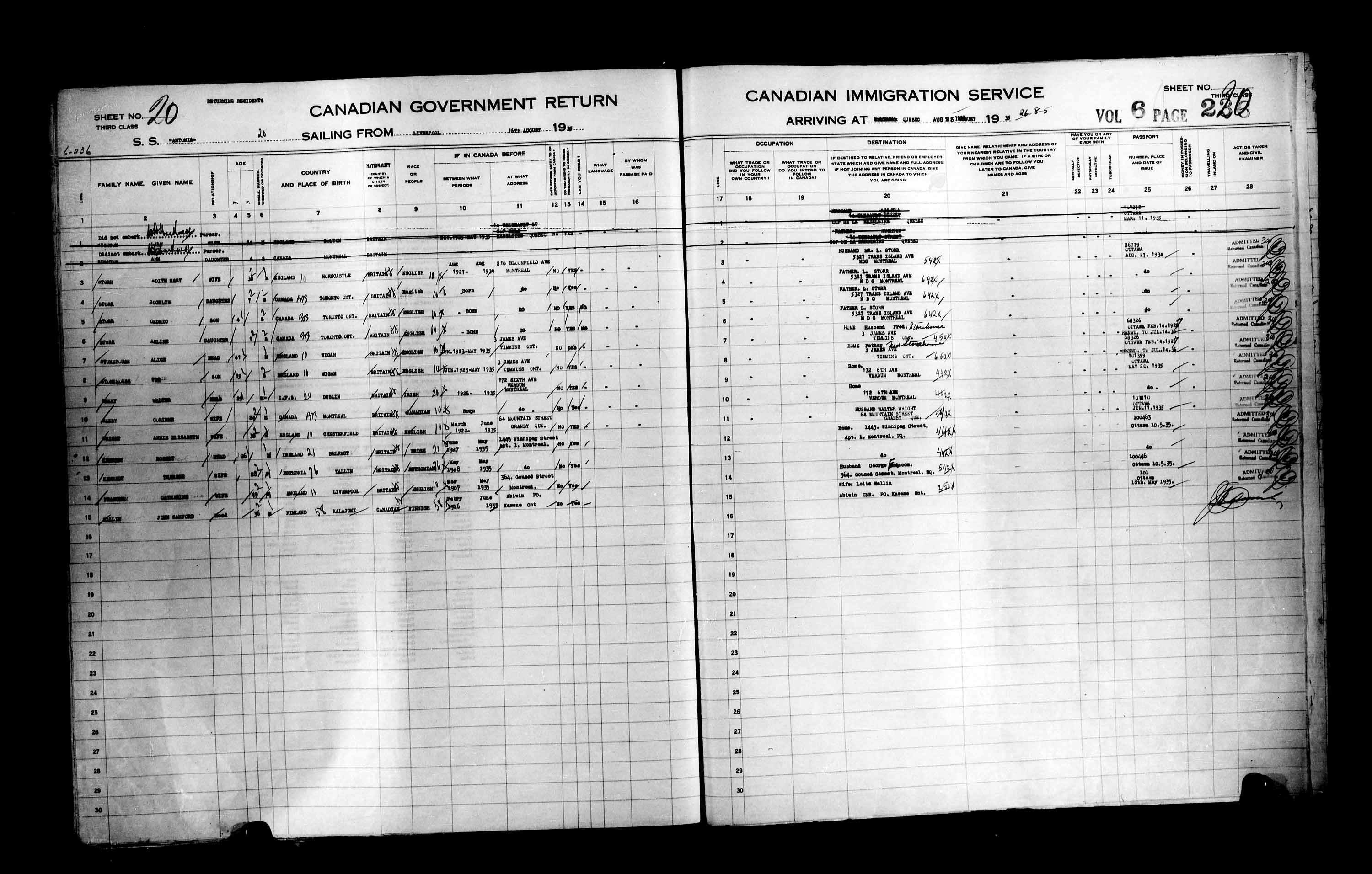 Titre : Listes de passagers : Ville de Qubec (1925-1935) - N d'enregistrement Mikan : 178851 - Microforme : t-14792