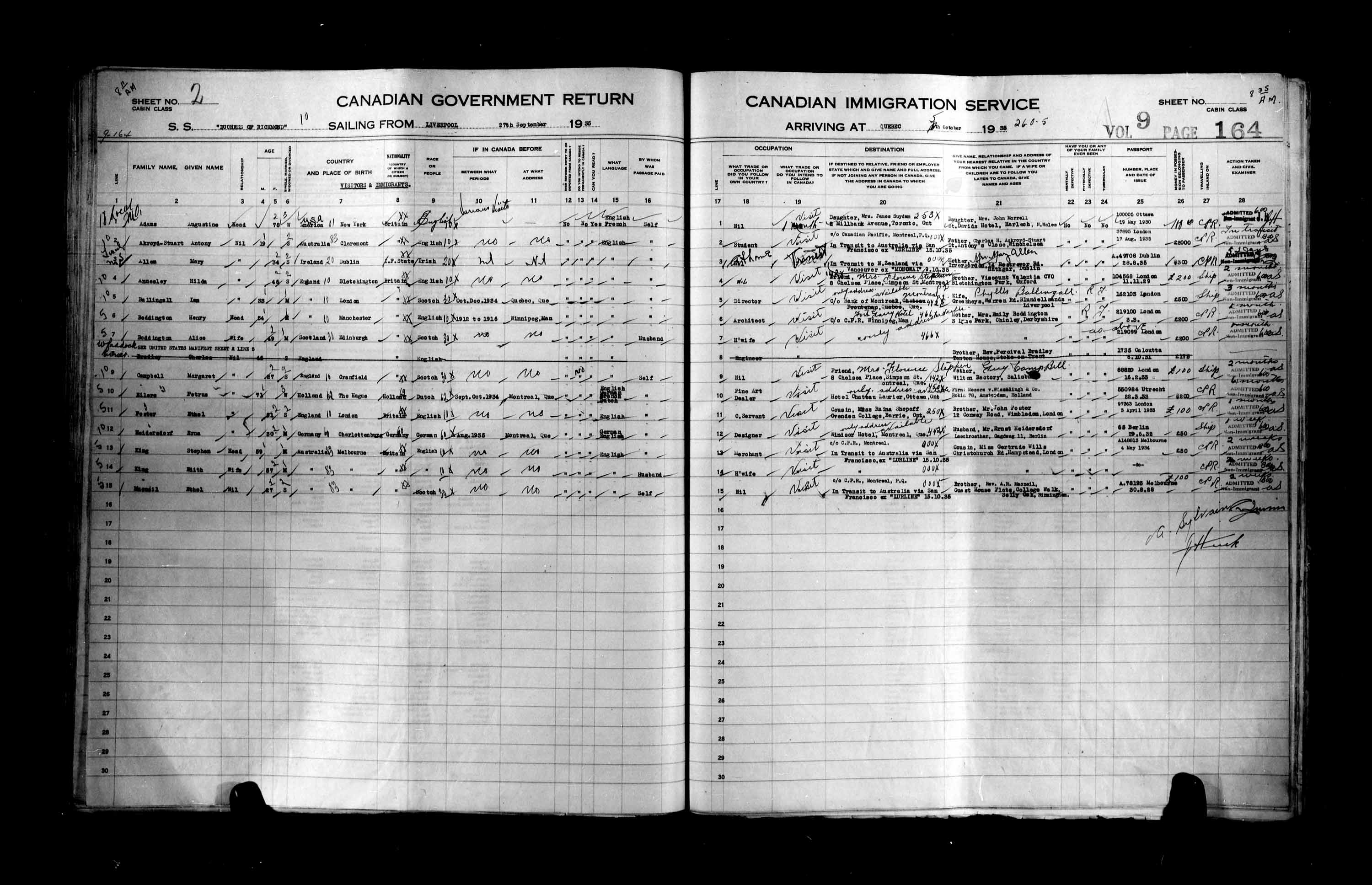 Titre : Listes de passagers : Ville de Qubec (1925-1935) - N d'enregistrement Mikan : 178851 - Microforme : t-14792