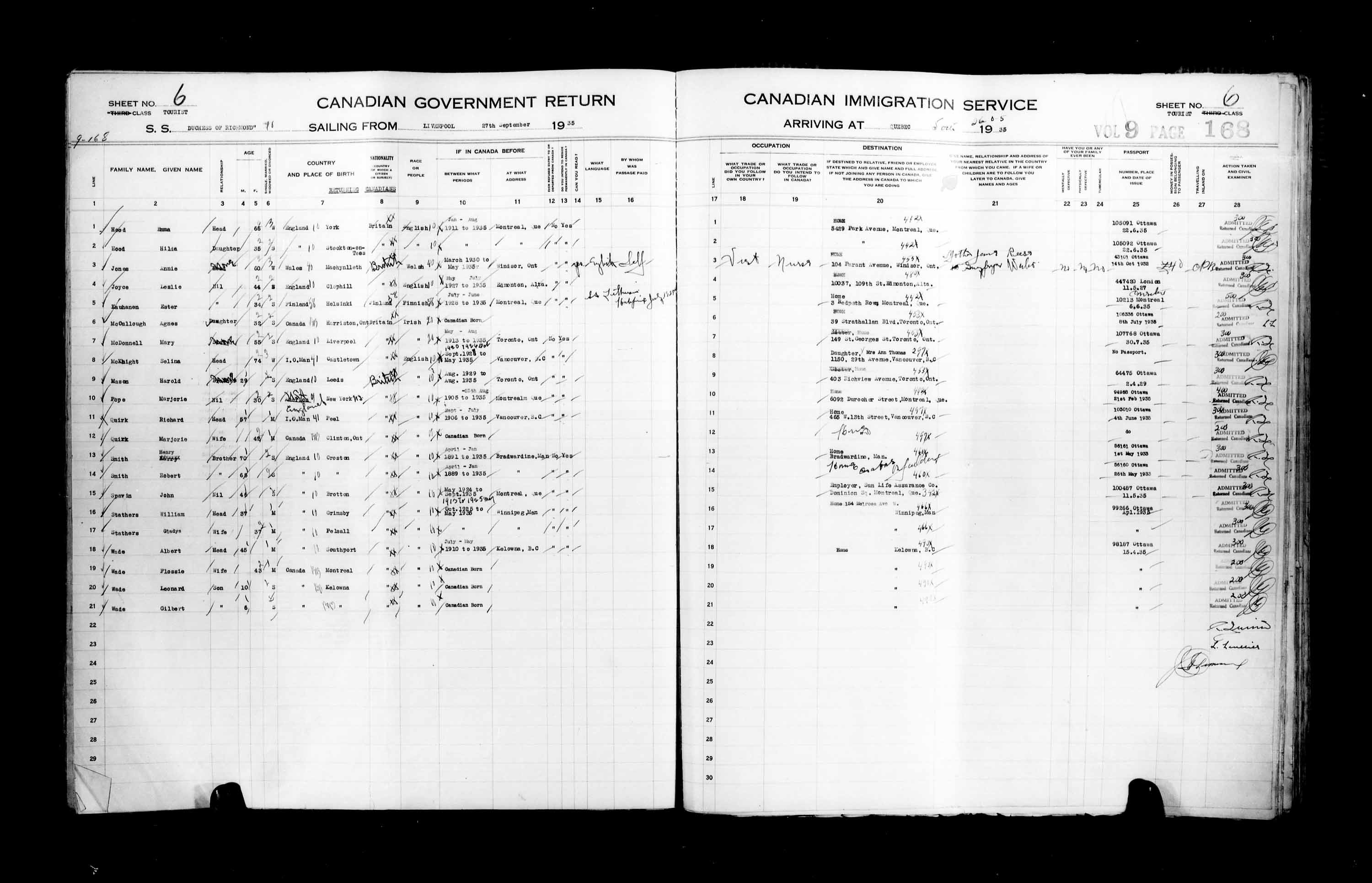 Titre : Listes de passagers : Ville de Qubec (1925-1935) - N d'enregistrement Mikan : 178851 - Microforme : t-14793