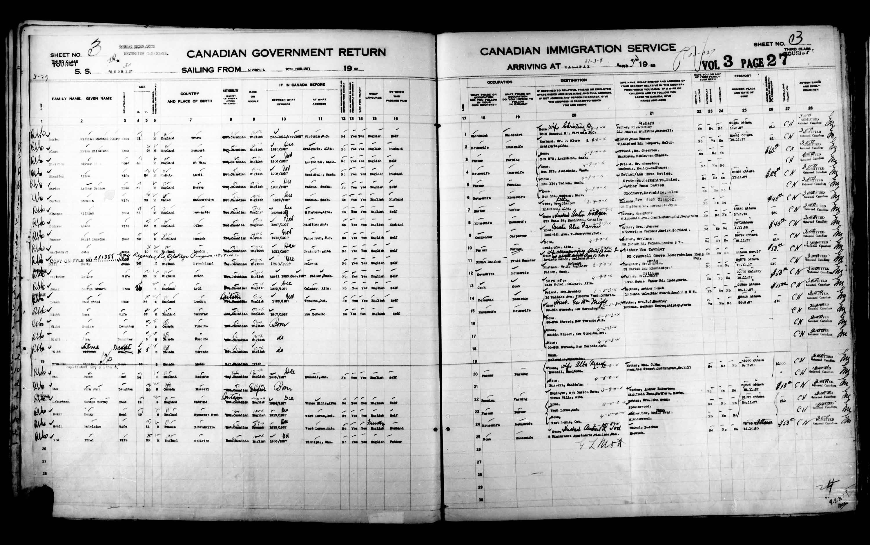 Titre : Listes de passagers : Halifax (1925-1935) - N d'enregistrement Mikan : 178854 - Microforme : t-14812