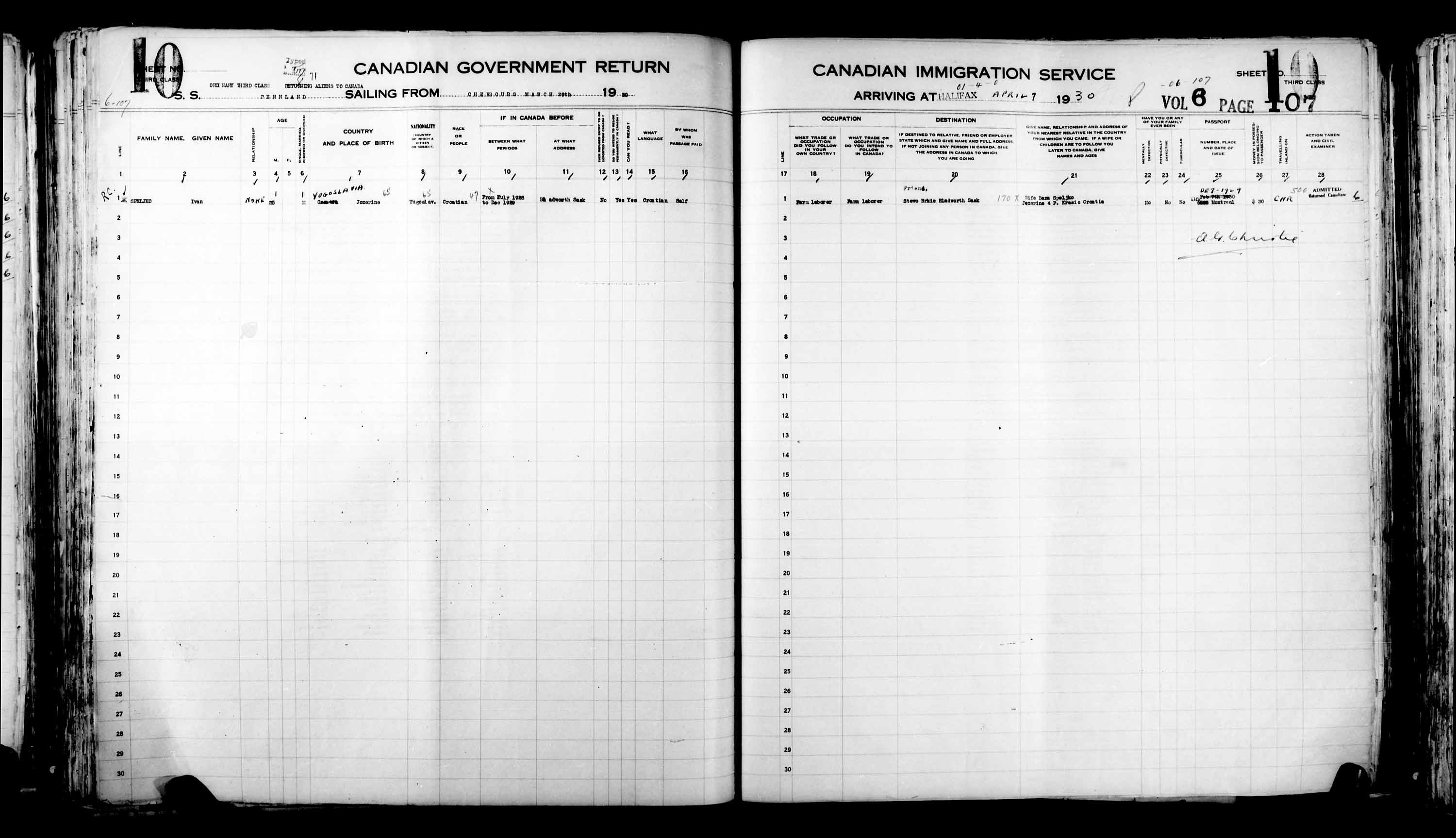 Titre : Listes de passagers : Halifax (1925-1935) - N d'enregistrement Mikan : 178854 - Microforme : t-14824