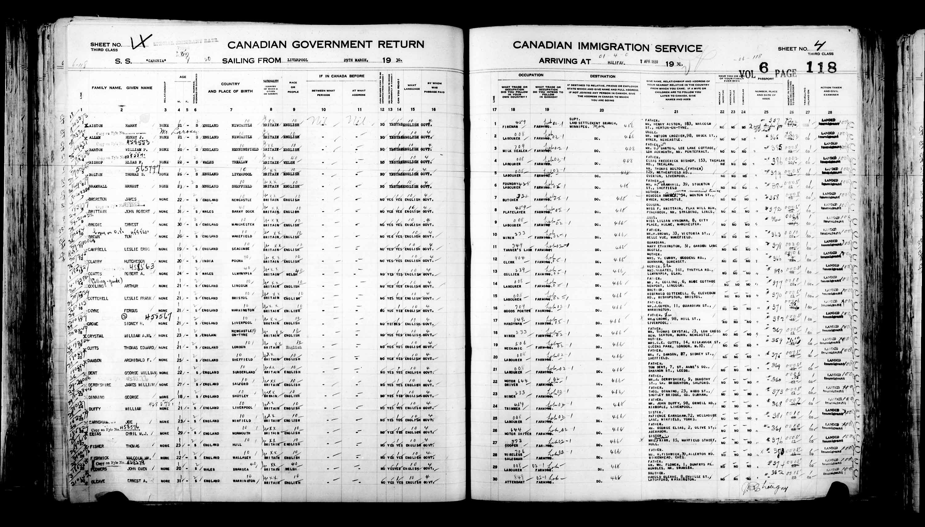 Title: Passenger Lists: Halifax (1925-1935) - Mikan Number: 134853 - Microform: t-14825