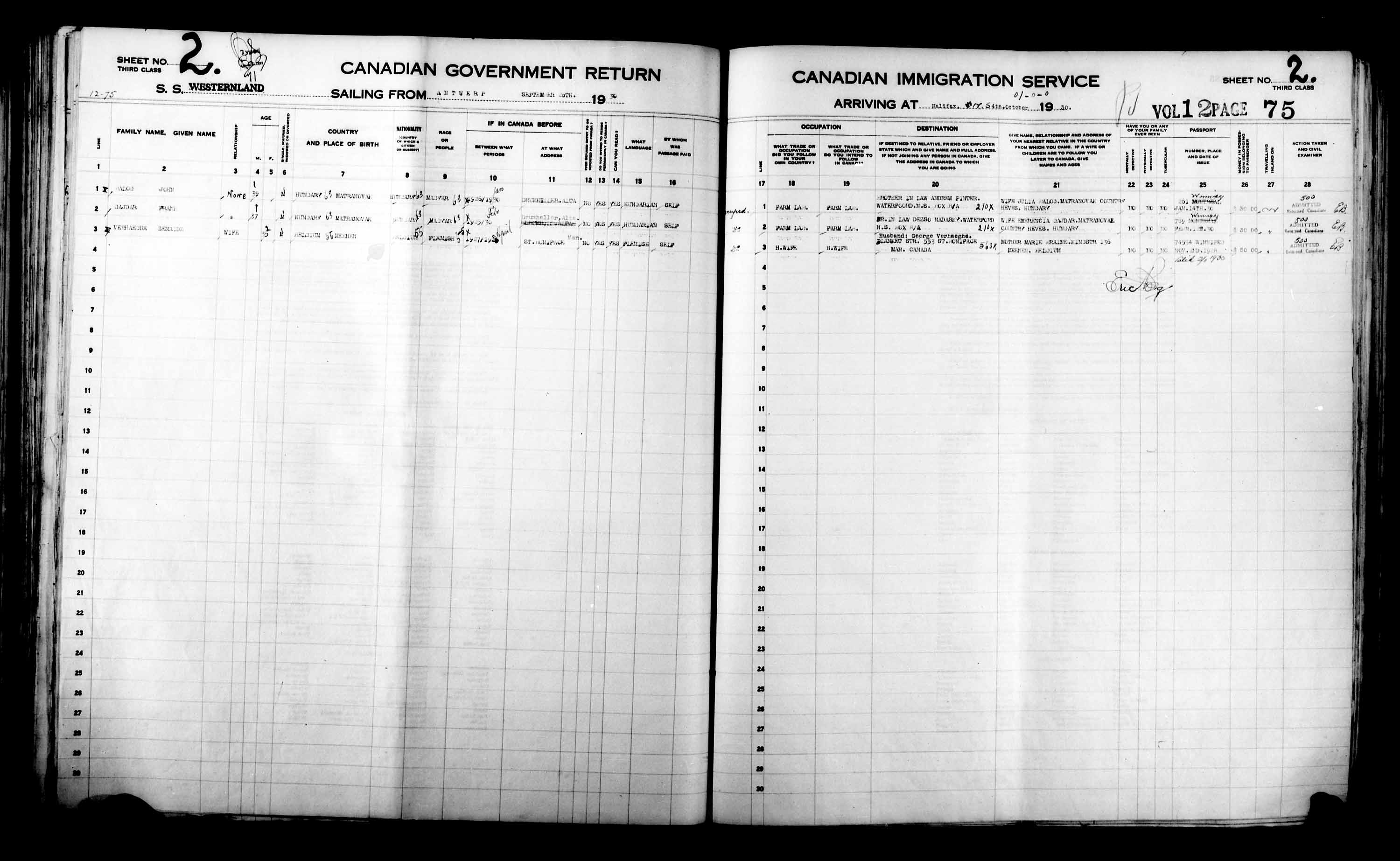 Titre : Listes de passagers : Halifax (1925-1935) - N d'enregistrement Mikan : 178854 - Microforme : t-14826