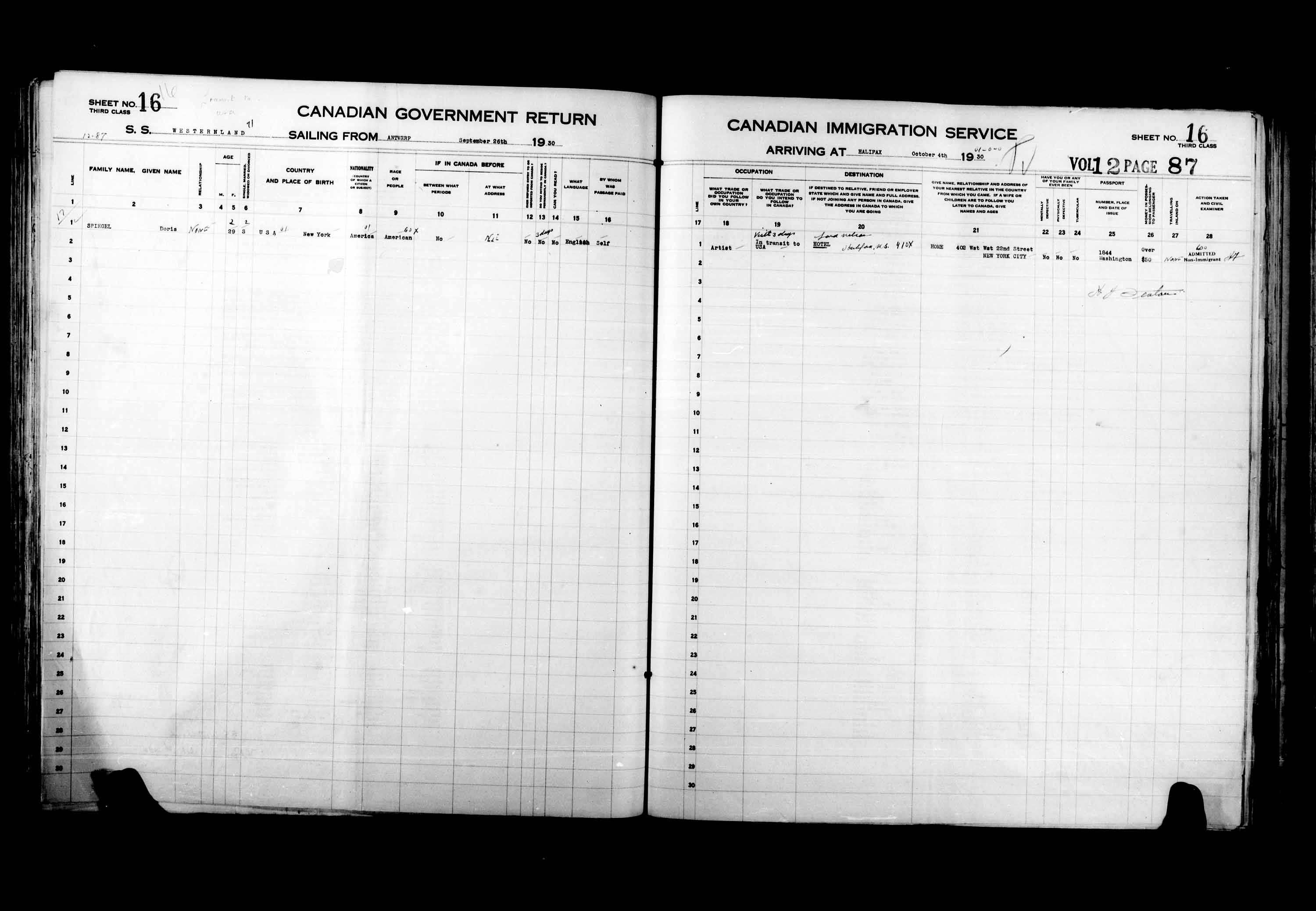 Titre : Listes de passagers : Halifax (1925-1935) - N d'enregistrement Mikan : 178854 - Microforme : t-14827