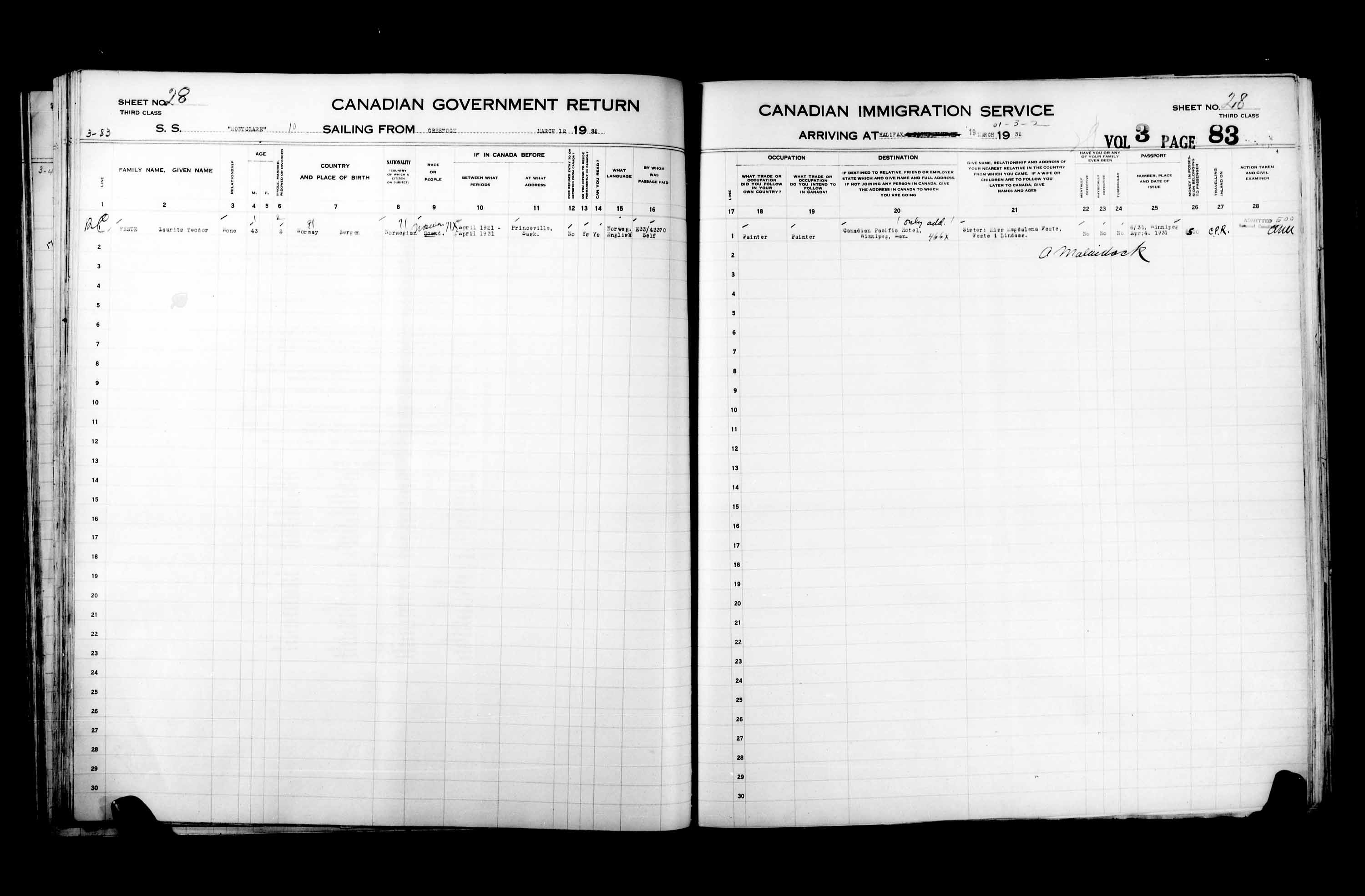 Title: Passenger Lists: Halifax (1925-1935) - Mikan Number: 134853 - Microform: t-14830