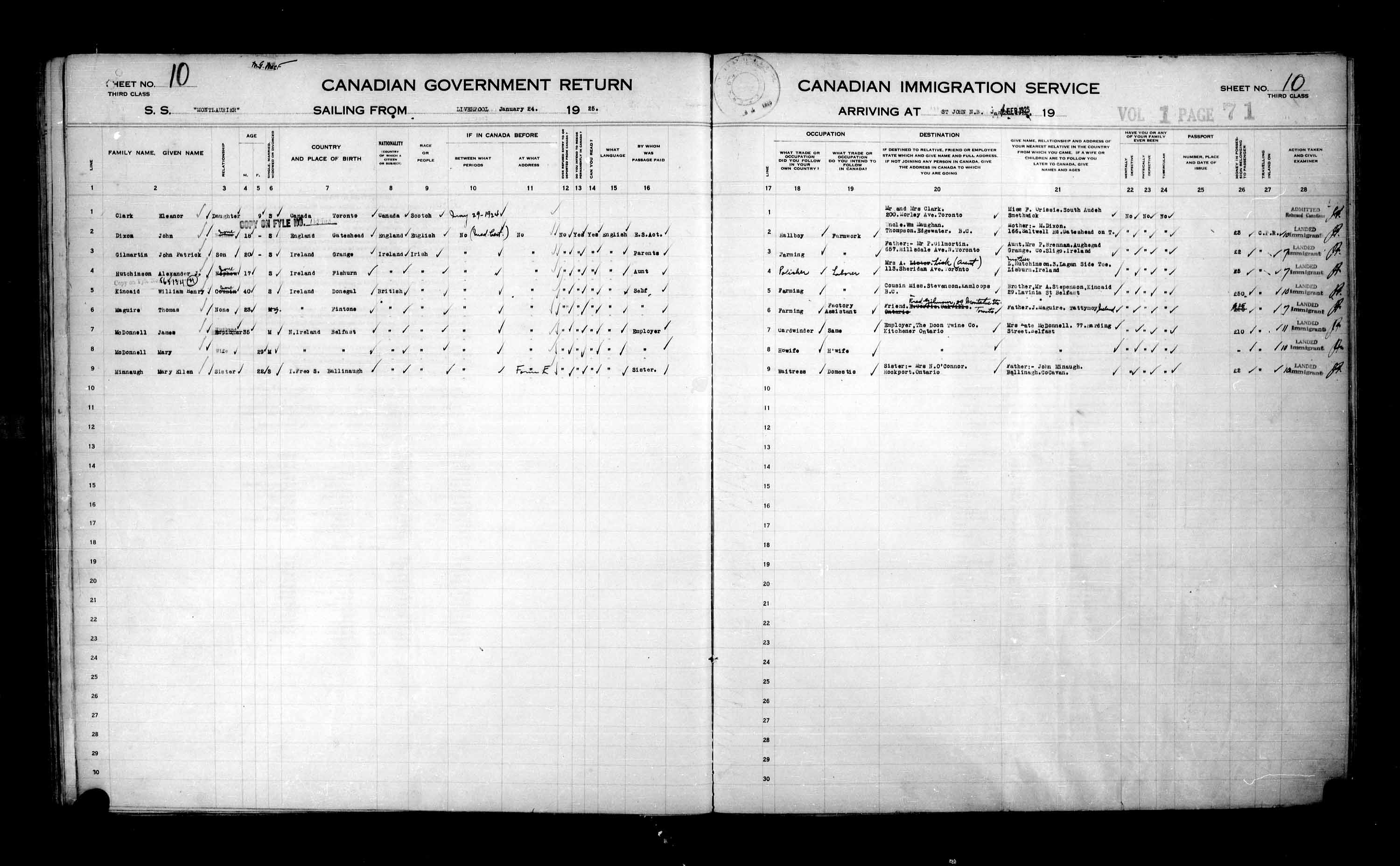 Titre : Listes de passagers : Saint-Jean (1925-1935) - N d'enregistrement Mikan : 178857 - Microforme : t-14846