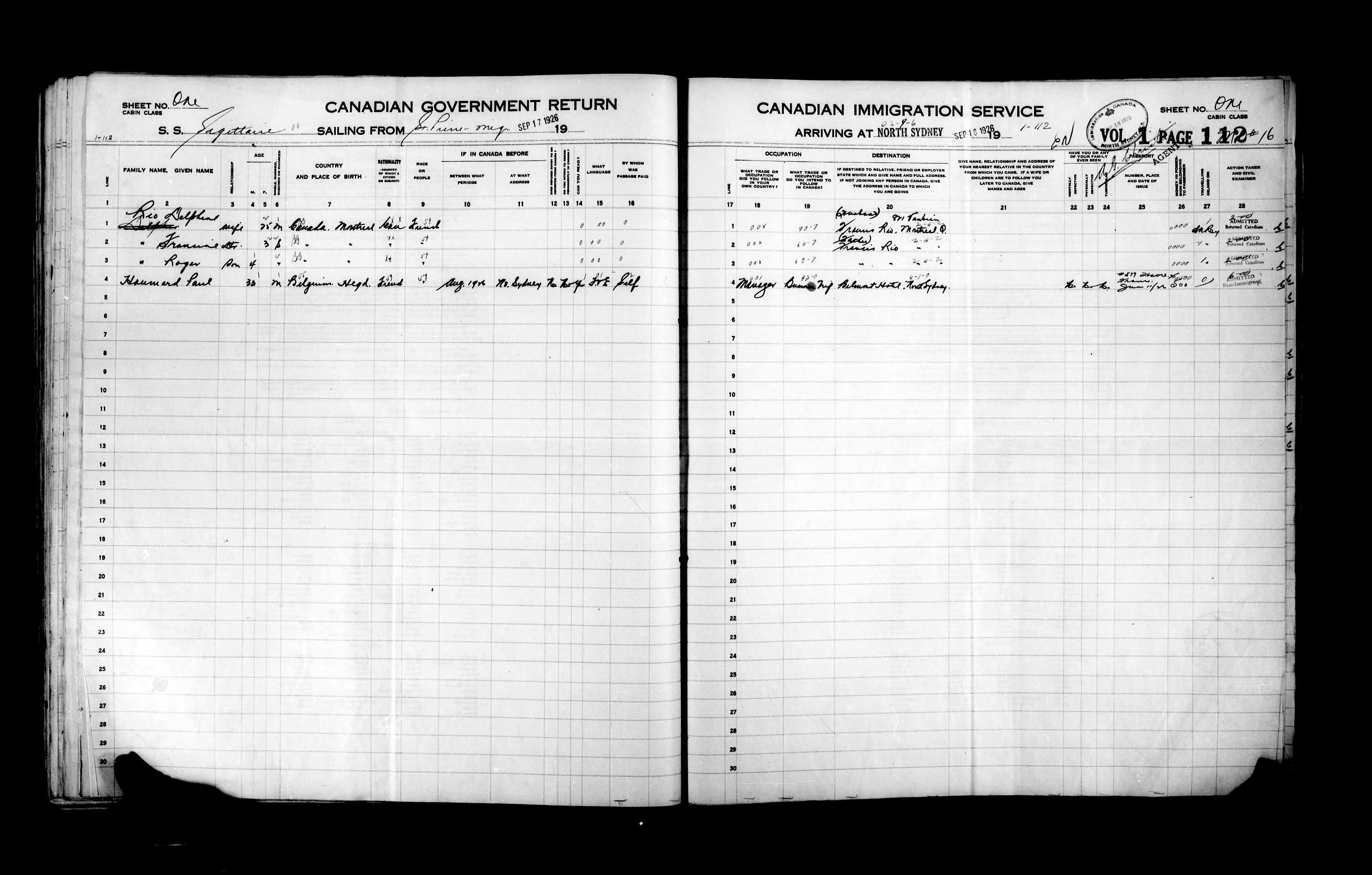 Title: Passenger Lists: North Sydney (1925-1935) - Mikan Number: 161342 - Microform: t-14864